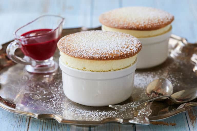 White Chocolate Soufflé with Raspberry Sauce - Gemma’s Bigger Bolder Baking