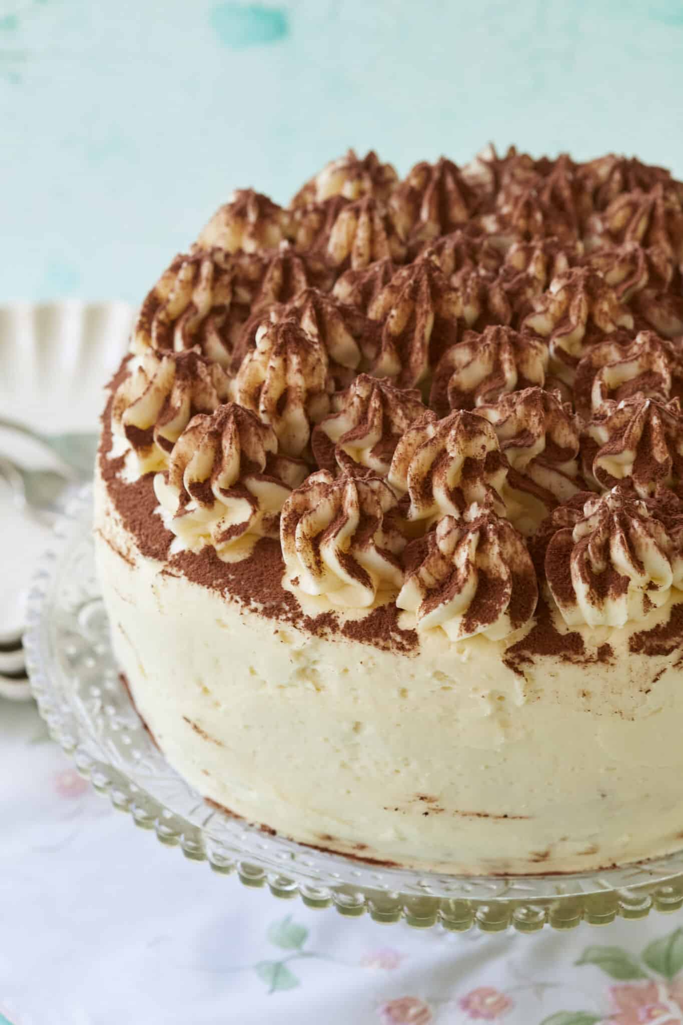 A Stunning Tiramisu Cake is being displayed on a glass cake stand. This layered tiramisu cake is topped with rosettes and dusted cocoa which makes it visually appealing. 