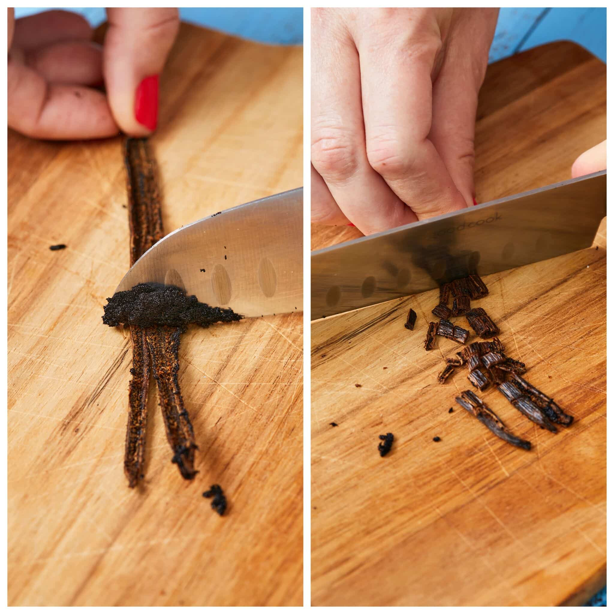 Step-by-step instructions on How to Make Vanilla Bean Paste; Cut the vanilla beans lengthwise and scrape out the seeds into a saucepan. Next, chop up the beans and add the chopped vanilla beans to the pan.