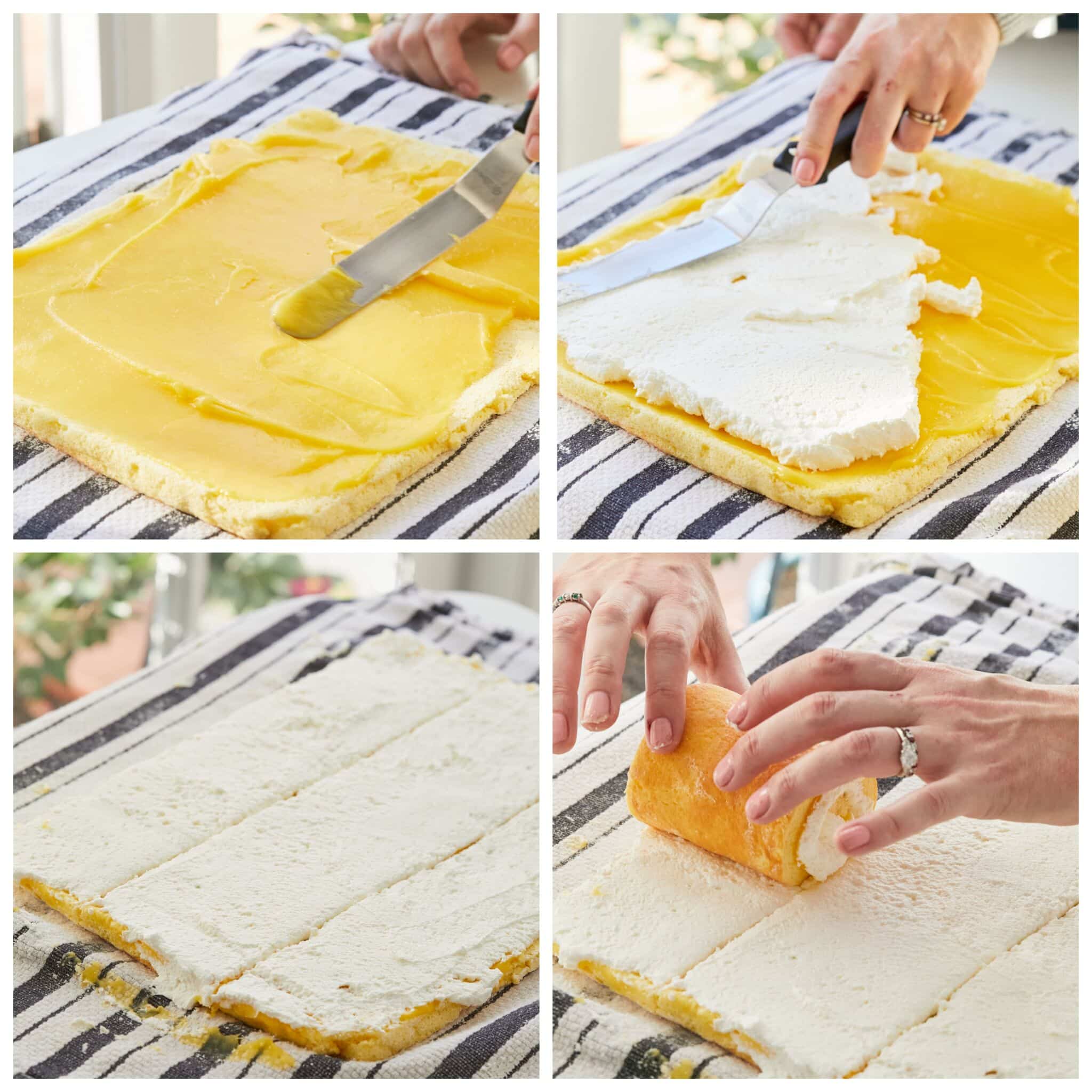 Step-by-step instructions on how to make Vertical Lemon Cake: on the baked sheet cake, spread lemon curd, then cover it with mascarpone whipped cream. Divide the sheet cake into three strips, roll up one from the short side. 