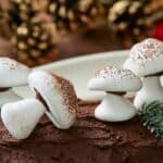 White Meringue Mushroom cookies dusted with cocoa powder are placed on Bûche de Noël as decoration.