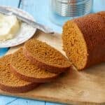 Boston Brown Bread in a can is steamed perfectly with a pleasantly coarse crumb, a note of comforting sweetness, and a rich, dark color.