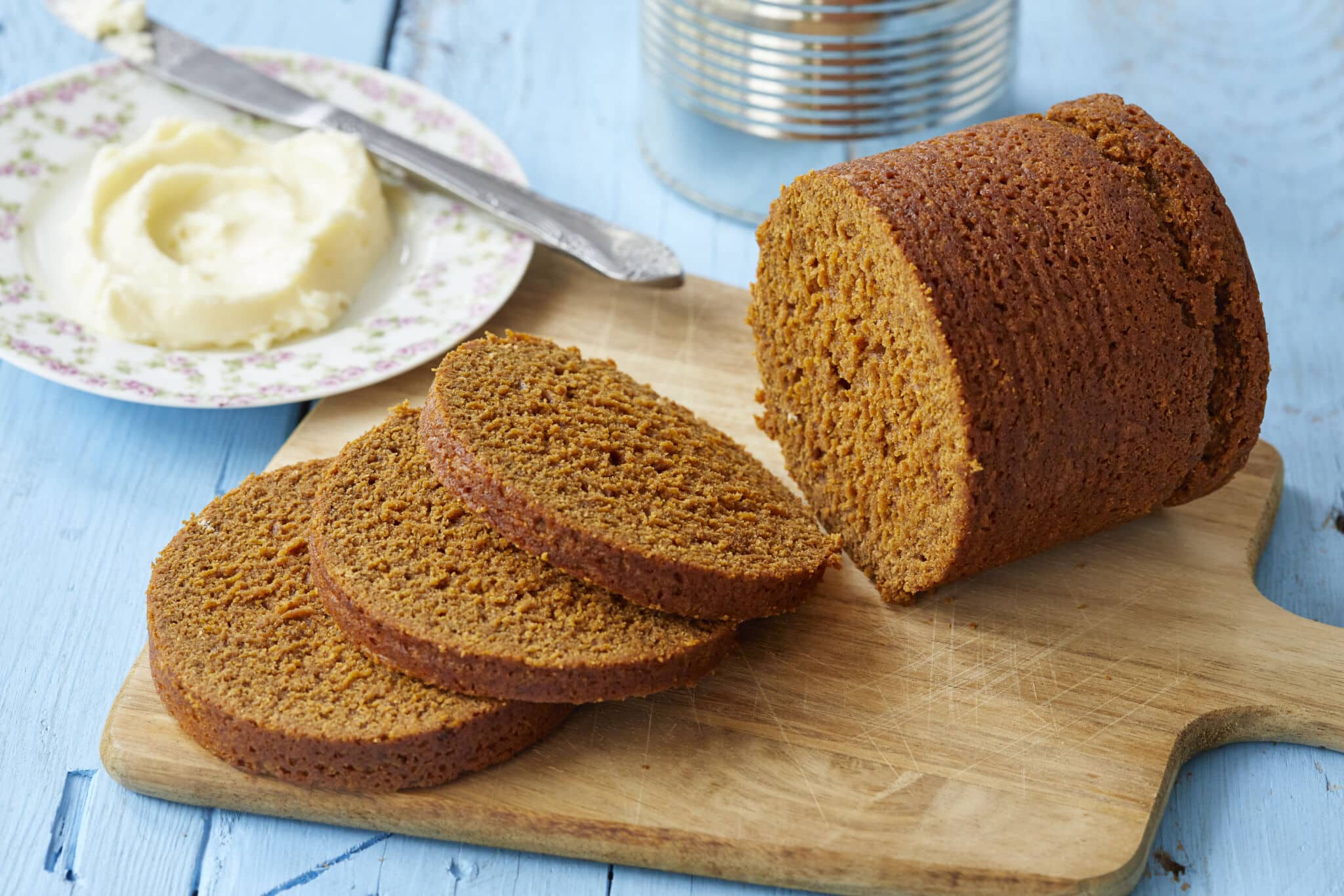 Boston Brown Bread in a can is steamed perfectly with a pleasantly coarse crumb, a note of comforting sweetness, and a rich, dark color.