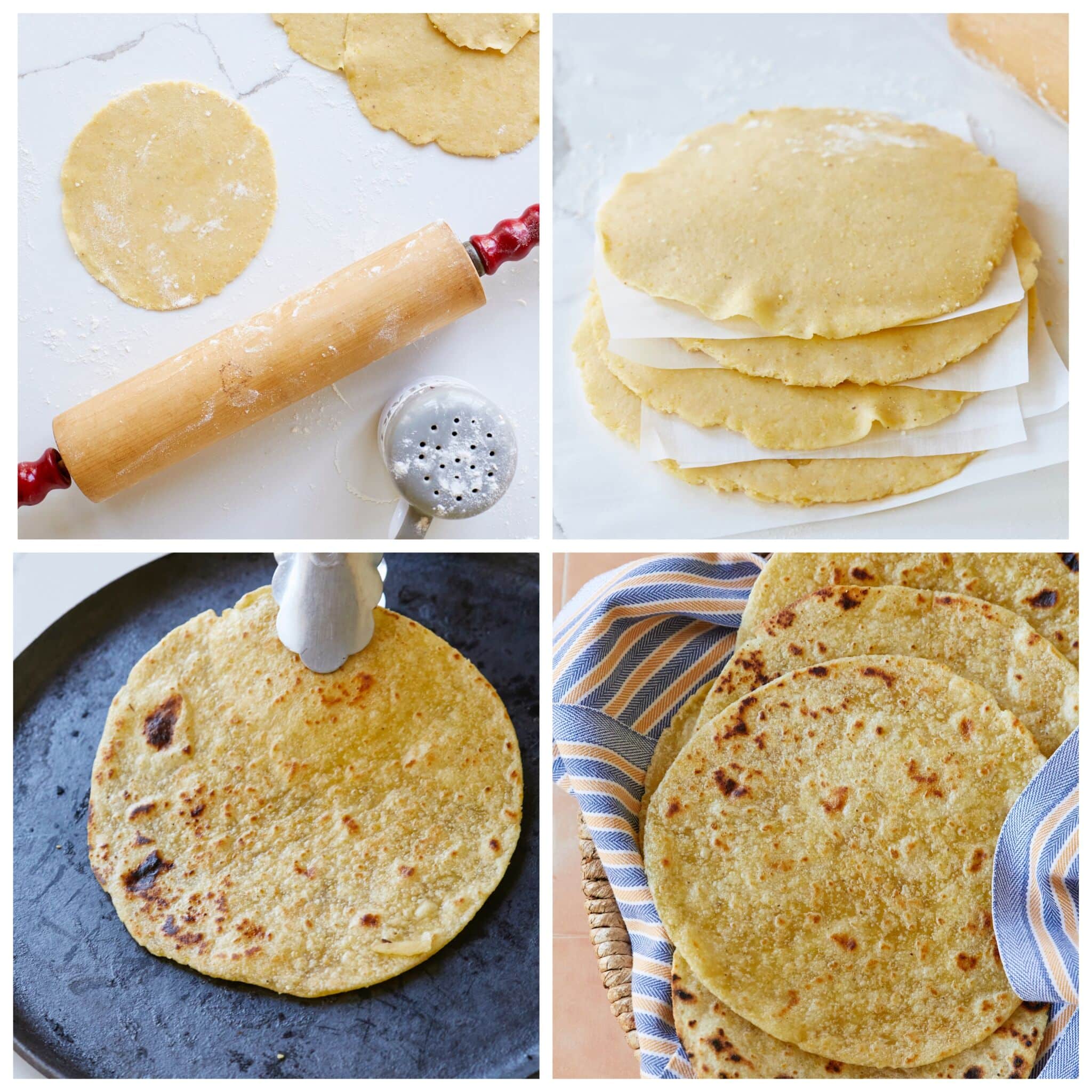 Step-by-step instructions on how to make Corn Tortillas: Preheat the pan while rolling out the dough balls into 6-inch circles. Put parchment paper in between to prevent sticking. Cook the tortillas for 30-45 seconds on each side. Flip the tortilla to cook the first side for a few more seconds to puff it up. Be sure to cover the finished tortillas with a clean kitchen towel while you finish cooking off the rest.