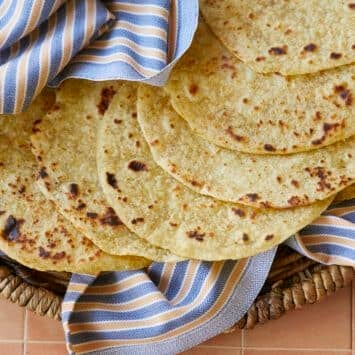 A stack of Homemade Corn Tortillas are golden and bubbly on top.