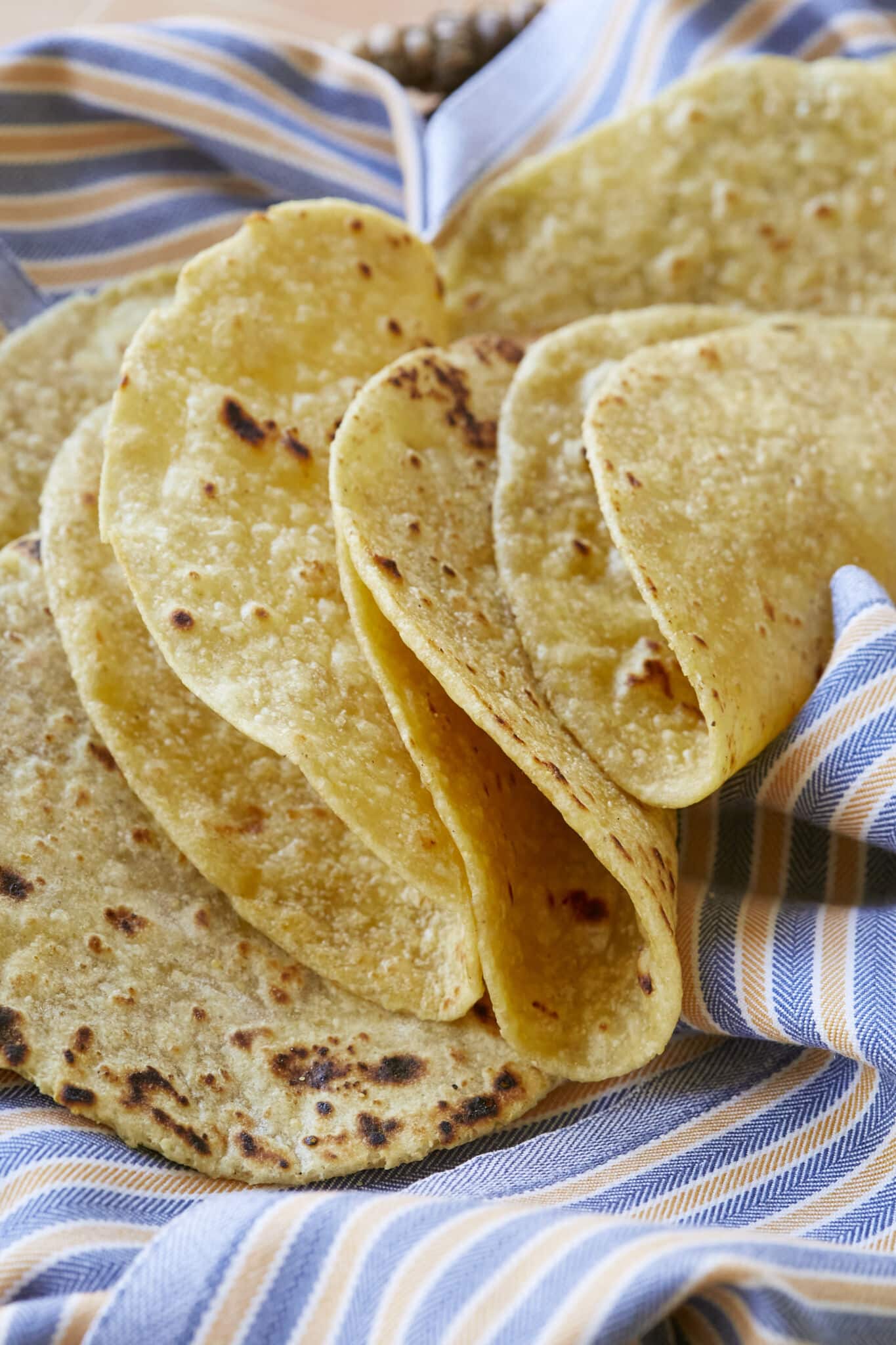 A close-up shot at Homemade Corn Tortillas shows the golden and bubbly surface. 