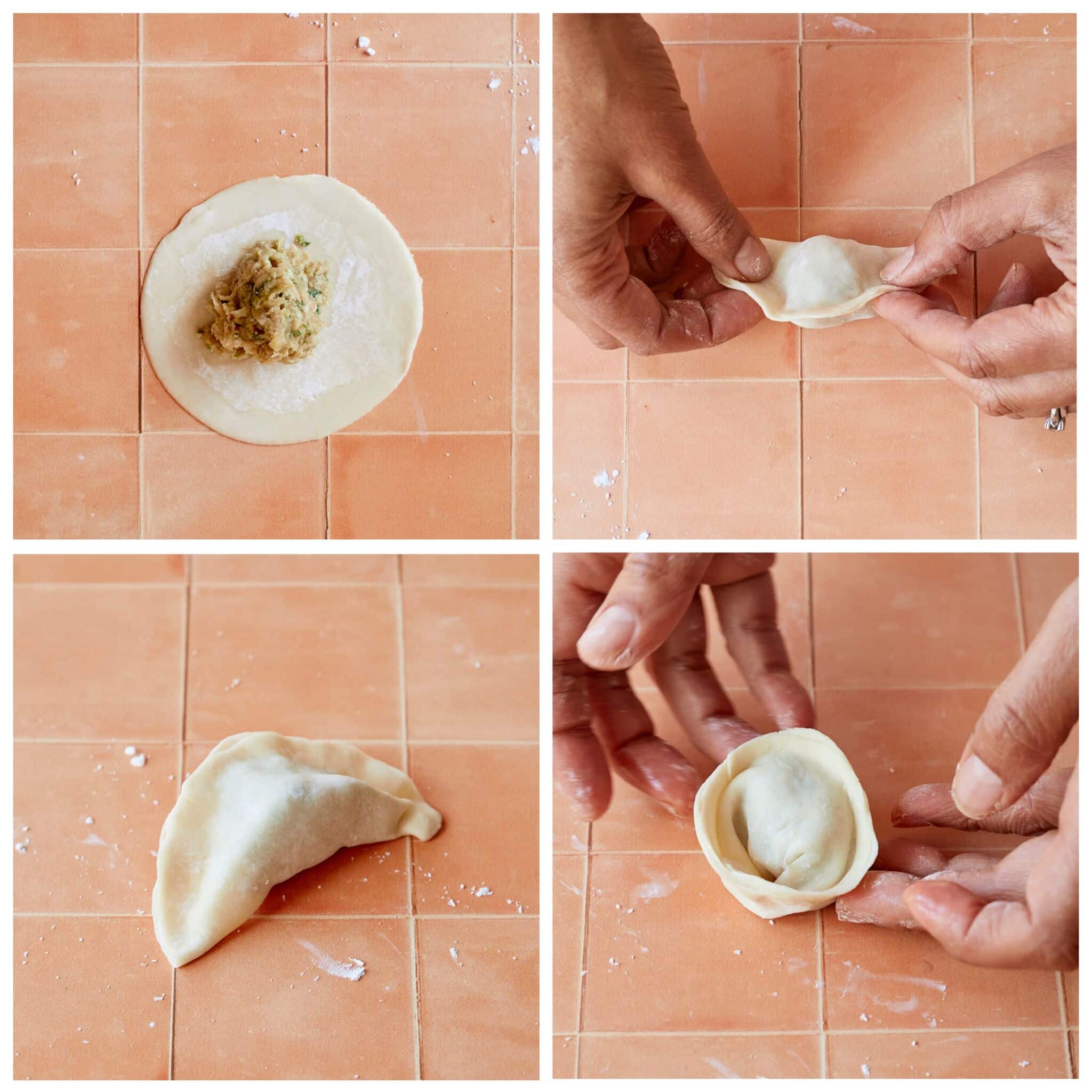 Making dumplings with homemade wrappers. Put filling in the center of the dumpling wrapper, fold and seal up the edge. Fold the dumpling to press the two corners together. 