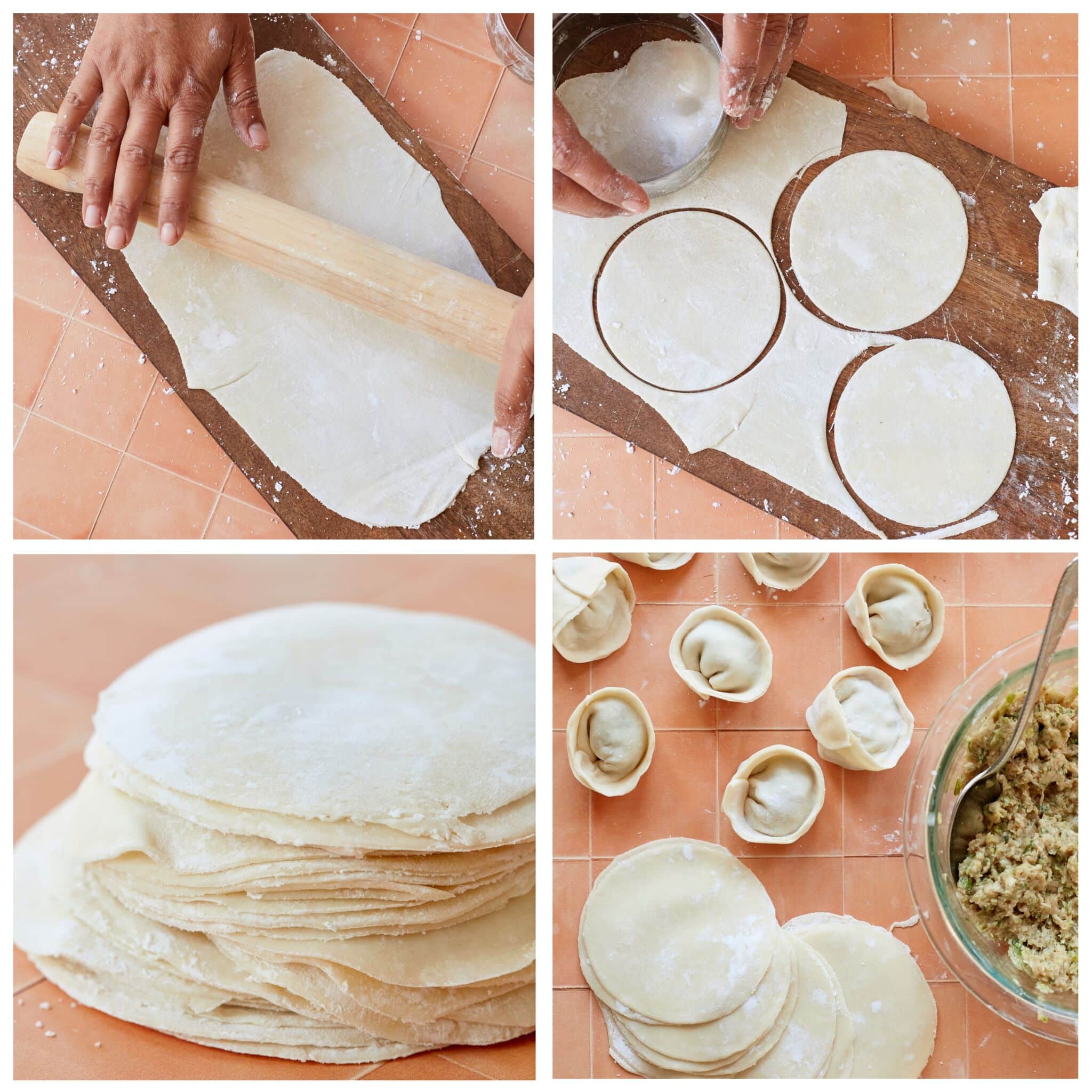 Step-by-step instructions on how to make dumpling wrappers: rolled the rested dough out in to very thin large rectangular. Use a cookie cutter cut the dough into circles. Stack the wrappers together with extra cornstarch or flour in between. Make dumplings with a filling of veggetables and meat. 