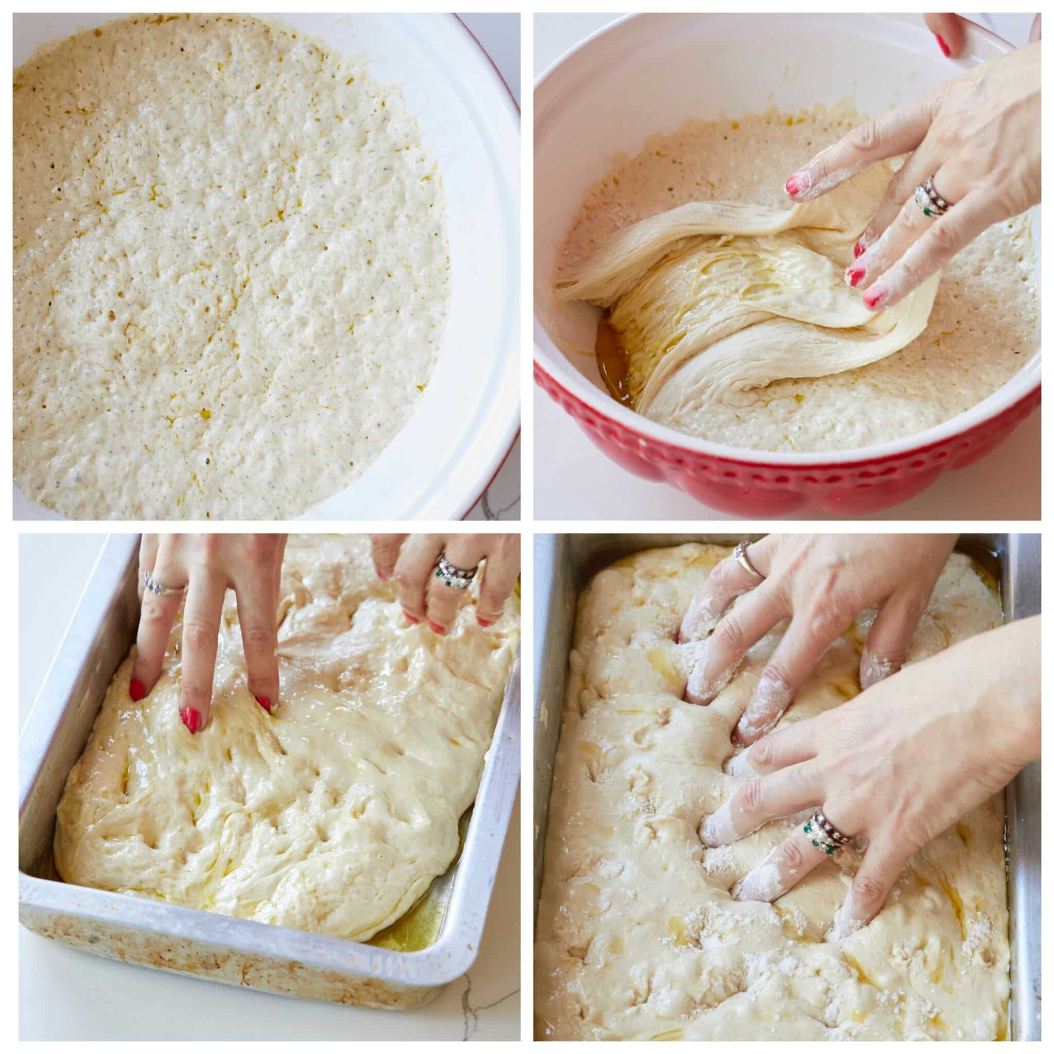 Step-by-step instructions on how to make No-Knead Focaccia: on the second day after bulk fermentation, pull the bubbly dough to the middle of the bowl and push it down to deflate. Put the dough seam-side down into an oiled 9x13-inch (22x33 cm) baking tray. Before baking, rub olive oil on your hands and make deep dimples all over the dough. 