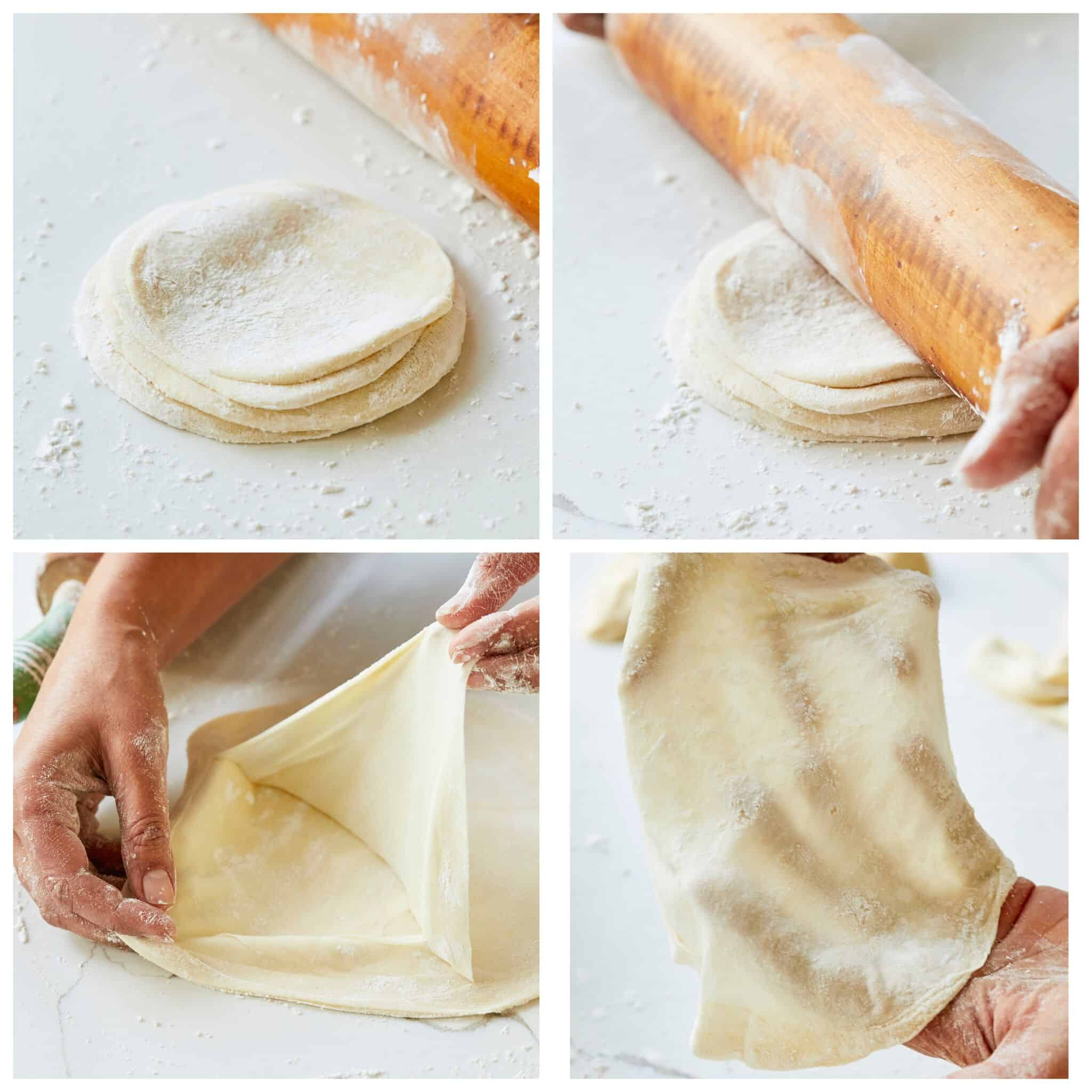 Step-by-step instructions on how to make Phyllo Dough (Fill Pastry): Roll the stack of dough from 5 balls out to a circle about 8 inches (20 cm). Separate the layers, add more flour in between, restack and then roll out to a 10-12 inch circle (25-30 cm). The dough layers should be paper-thin and translucent. Carefully pull apart the layers, dust a touch more flour in between, restack and place the dough stack between two pieces of parchment paper and roll up.