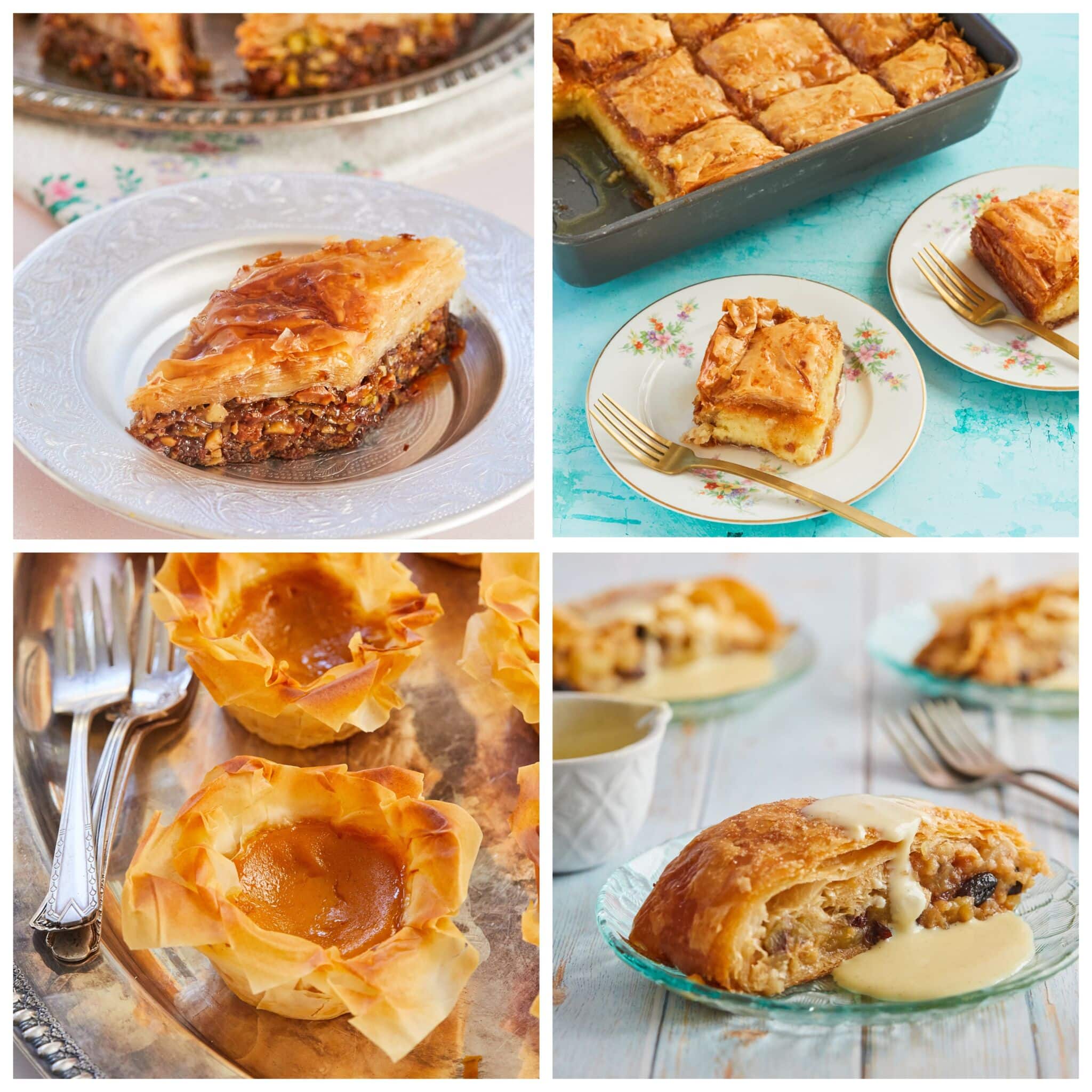 Recipes using phyllo dough (fill pastry): baklava, Greek Calaktoboureko, petite pumpkin pie, Traditional apple strudel