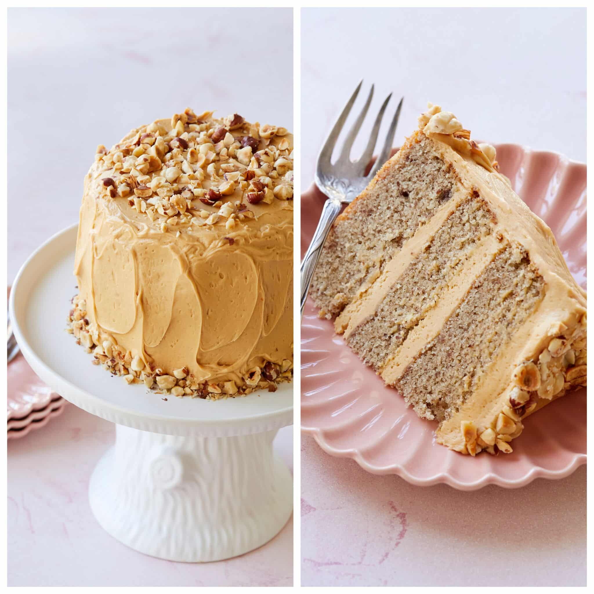The cake is frosted with Salted Caramel Buttercream frosting on the outside and layered with it on the inside, and topped with chopped toasted peanuts. The close-up shot at the slice shows the soft cake and the creamy Salted Caramel Buttercream filling.