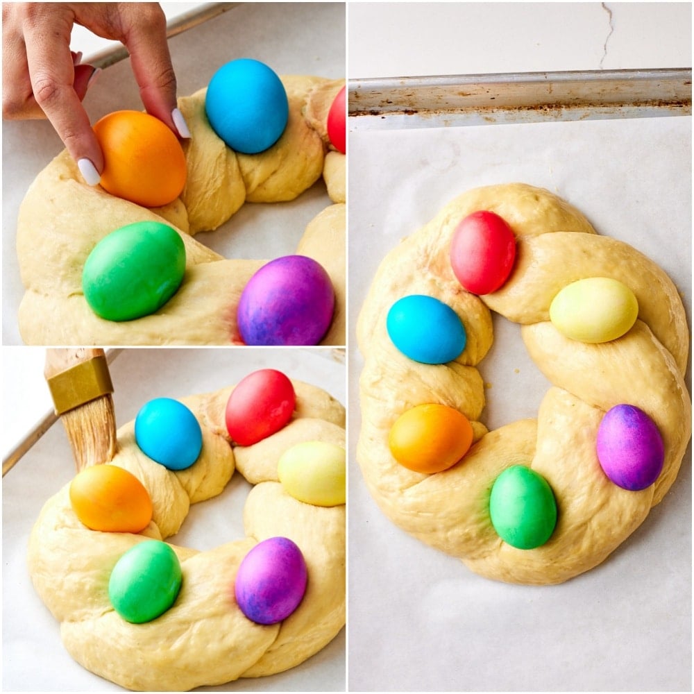 Carefully create some space between the rope strands to nestle the eggs, then brush all over with egg wash.