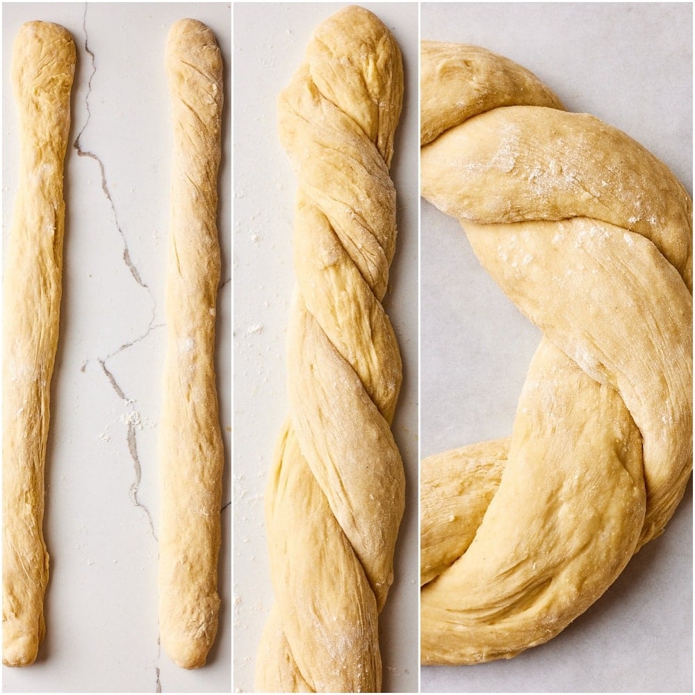 Divide the dough in half and roll each piece into a 20-inch (50 cm) long log. Twist the logs together and then bring the ends together to form a circle.