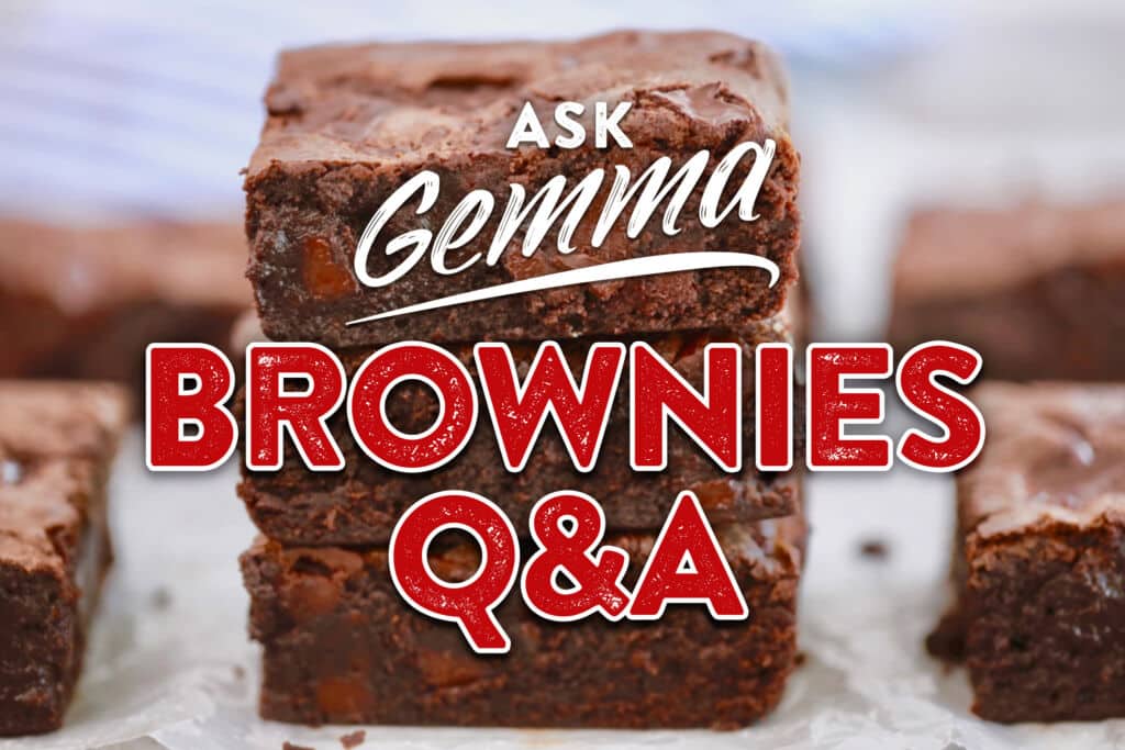 Brownies Q&A, Brownies Questions, a stack of gooey brownies with shinny crinkled top.