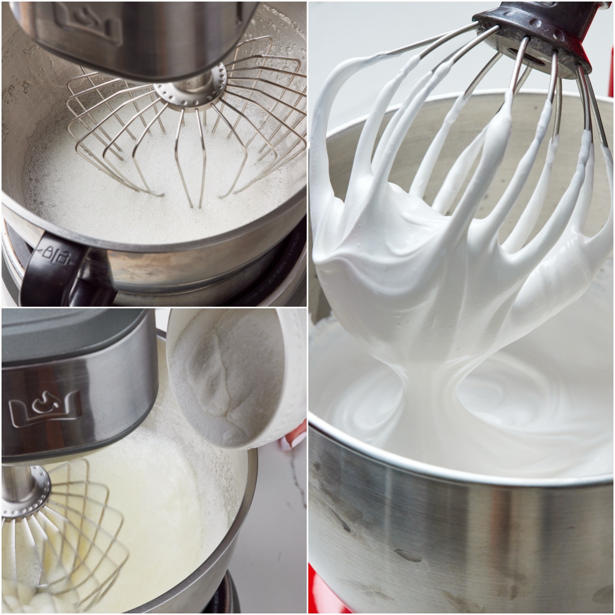 SachertorteSTEP6 Whip up egg whites until soft peaks then steam in sugar gradually until glossy stiff peaks .