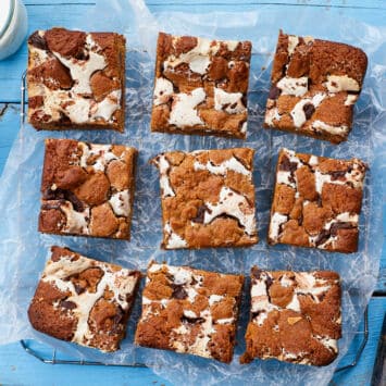 An over-head shot at nine generous squares of Smores bars shows the crinkle top, goes chocolate and marshmallow fluff.