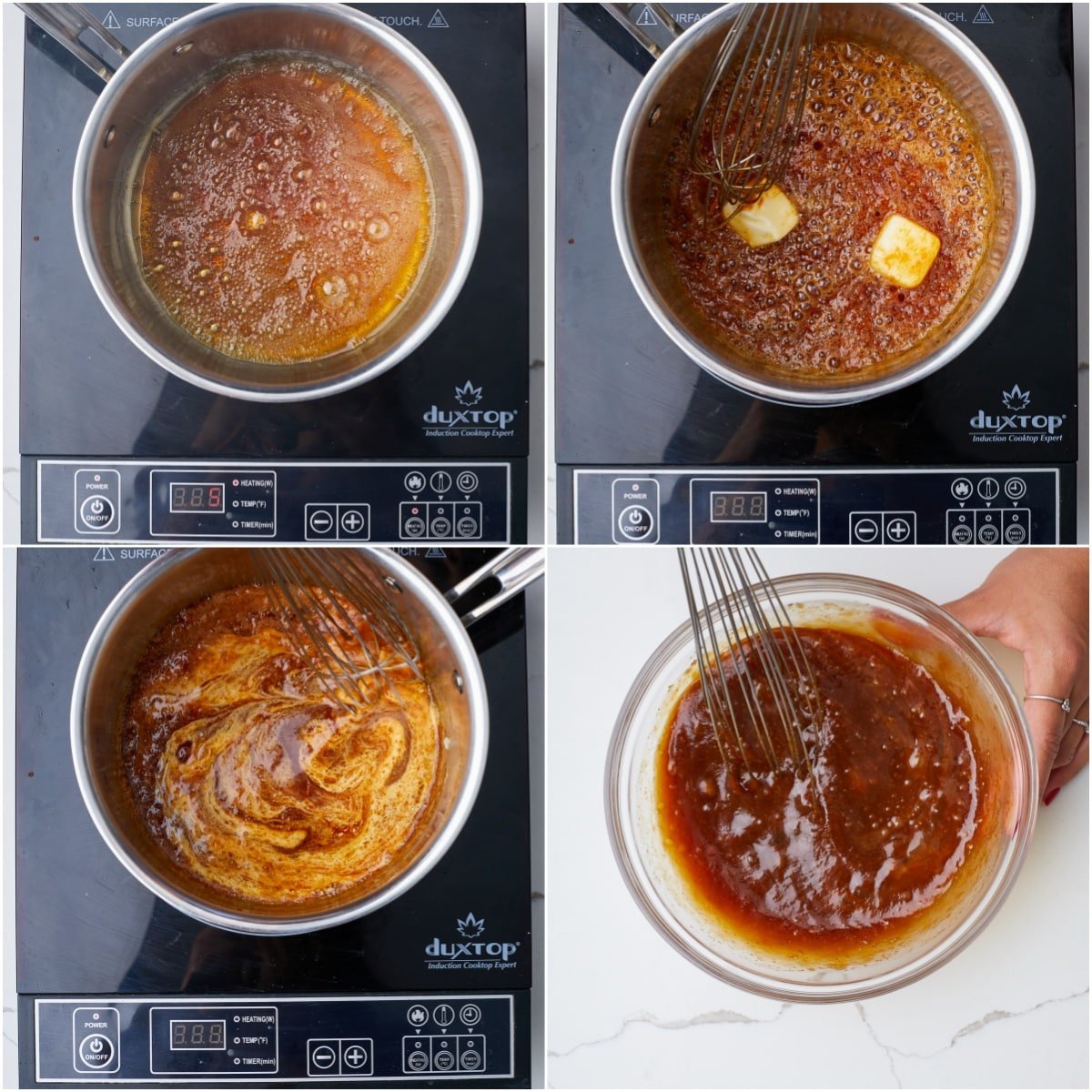 Whisk in the butter and cream. The caramel will seize, so return the pot to the stove and heat on low, stirring constantly until the sugar melts. Transfer to a medium heatproof bowl and let cool for 15 minutes.