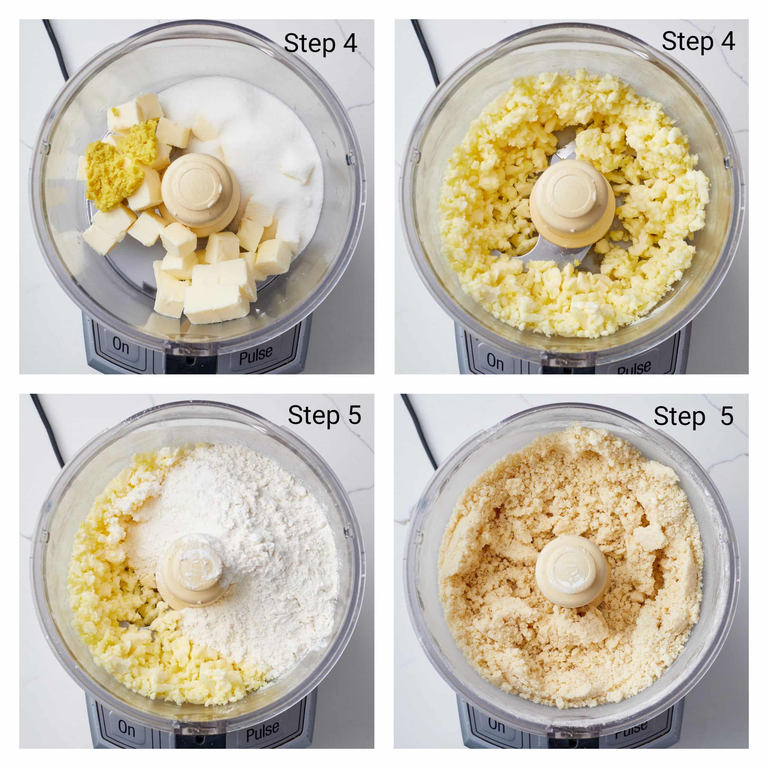 Step-by-step instructions on how to make Ginger Shortbread: 
In the bowl of a food processor, add the butter, 1/2 cup (4oz/115g) of sugar, and grated ginger root and pulse until the sugar disappears. (Alternatively, use a pastry knife and slightly softened butter to help blend the ingredients by hand.)
Add the dry ingredient mixture to the butter mixture in the food processor. Pulse for a few times until the mixture forms big clumps.