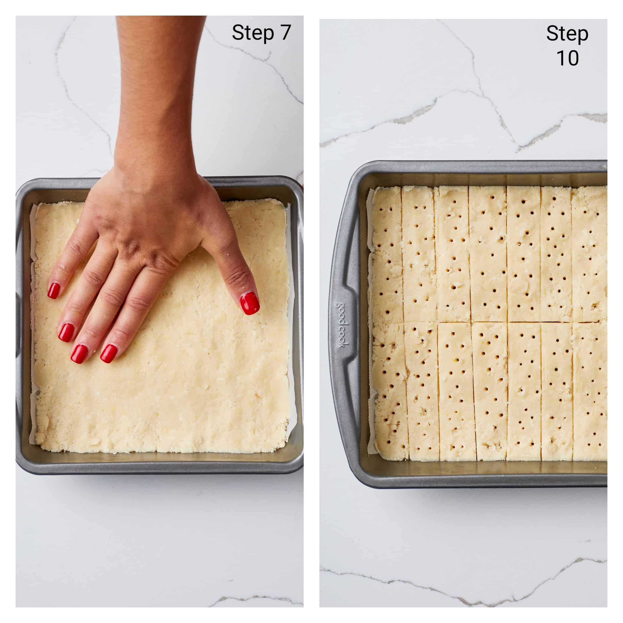 How to Make Ginger Shortbread: Press the mixture evenly into the prepared pan.
With a sharp knife, cut the dough into eight strips.
Cut the strips across in half to make 16 bars.
Use a skewer to poke holes all over the shortbread. 