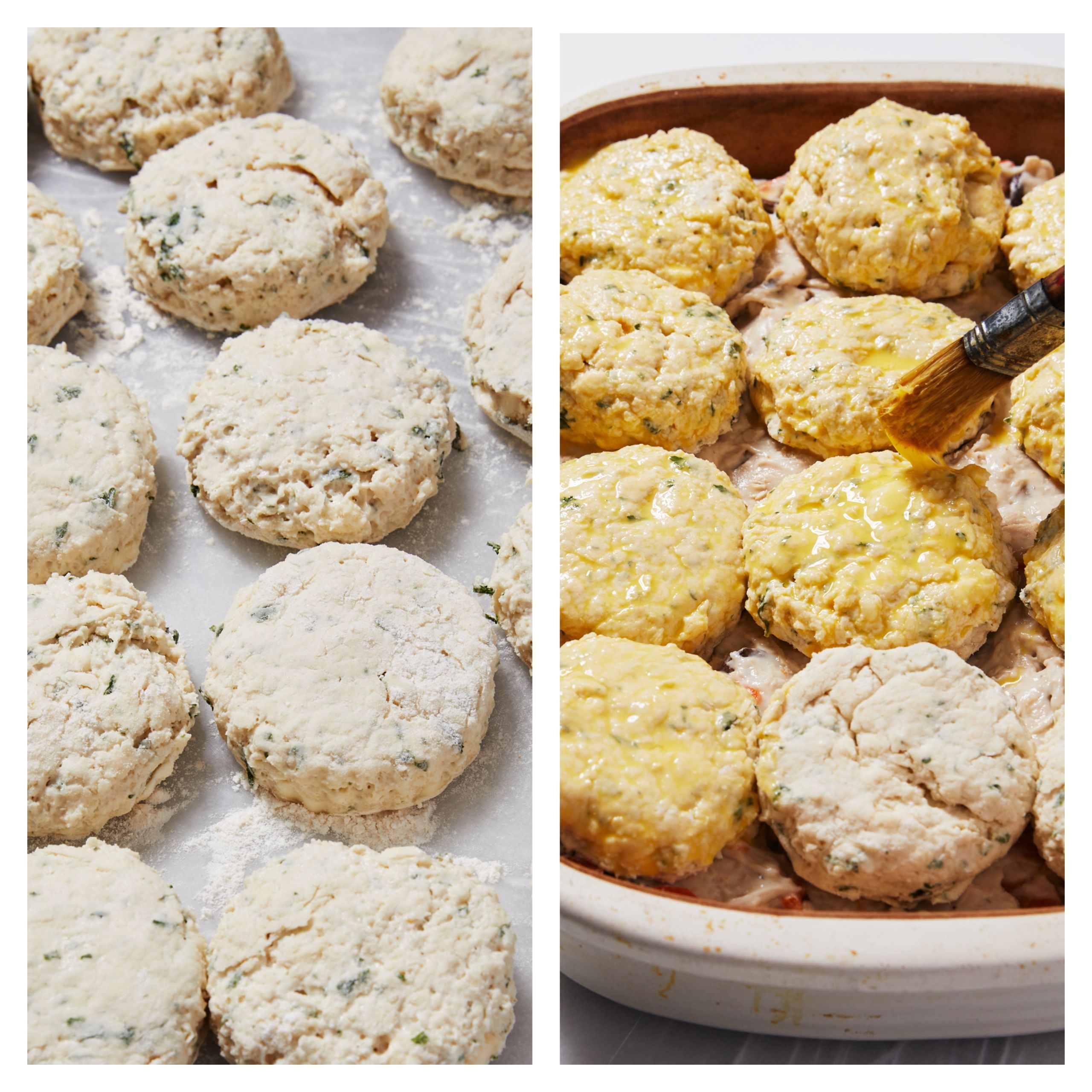 Step-by-step instructions on how to make Creamy Chicken and Mushroom Cobbler: Place the biscuits side by side on top of the cold filling. Brush the tops with egg wash.