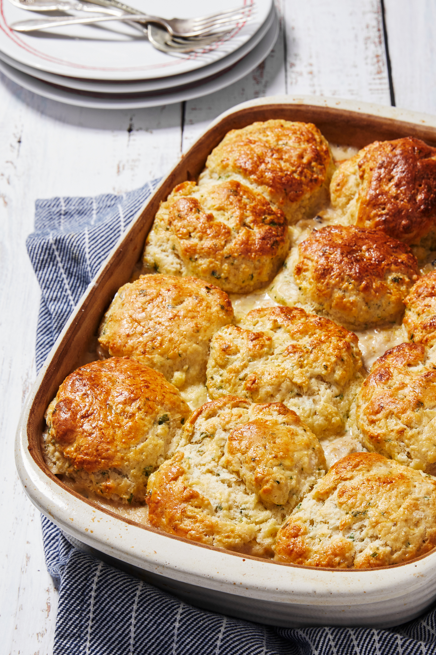 A baking dish of golden cobbler with cream chicken mushroom underneath. 