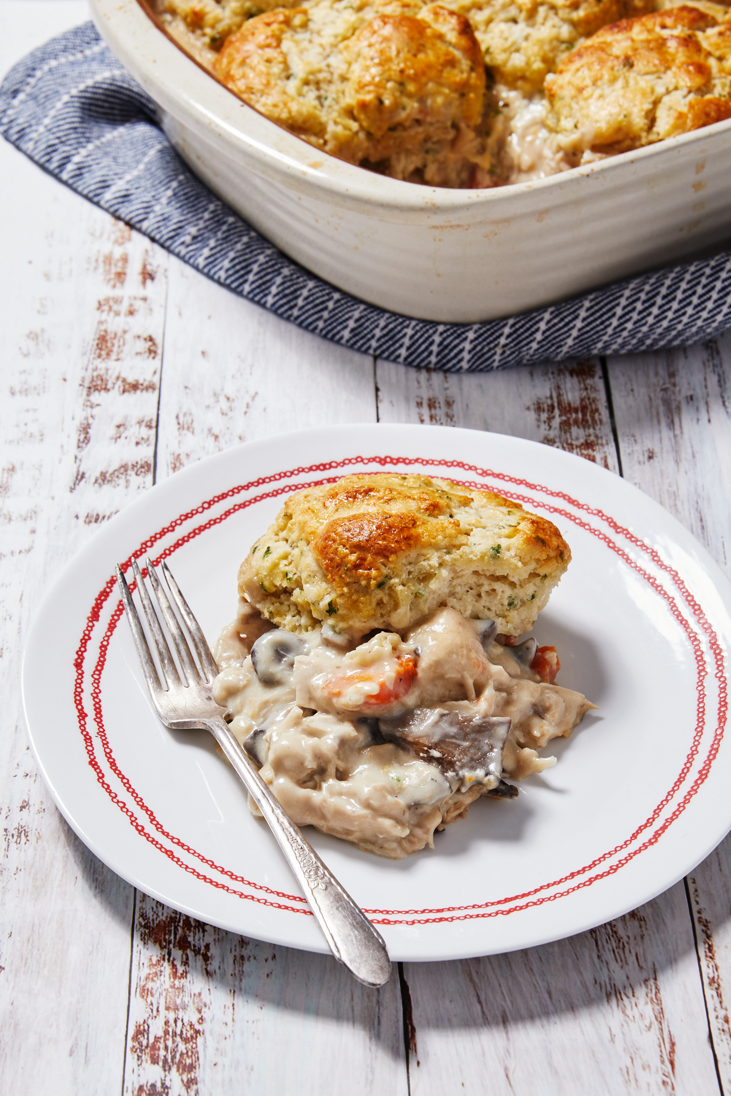 Golden chicken cobbler is paired with creamy mushroom filling