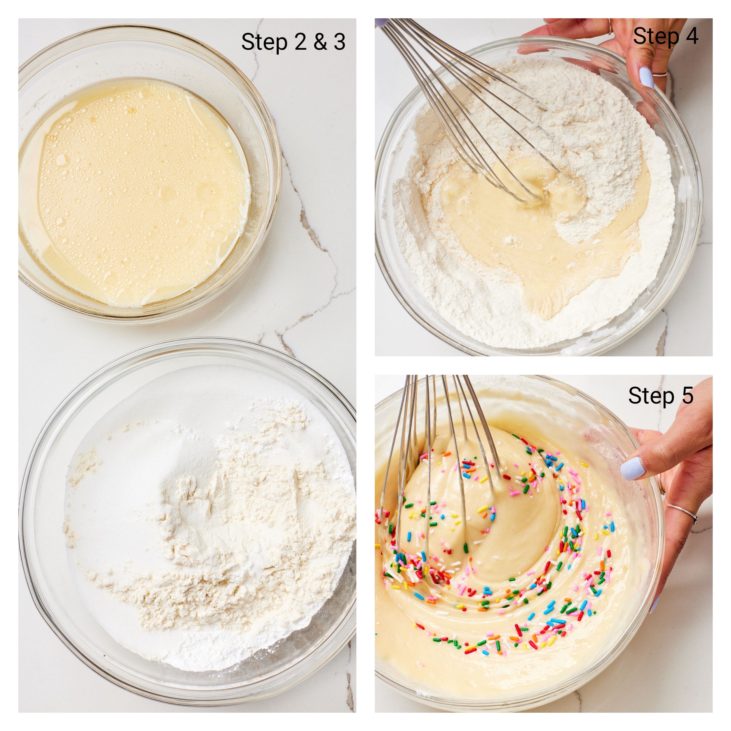 Step-by-step instructions on how to make birthday cake for under $5: mix wet ingredients and dry ingredients in two different bowls. Mix the wet ingredients into the dry ingredients in two or three additions, and stop mixing once the batter is smooth. Lastly, fold in sprinkles and divide evenly between the prepared pans.