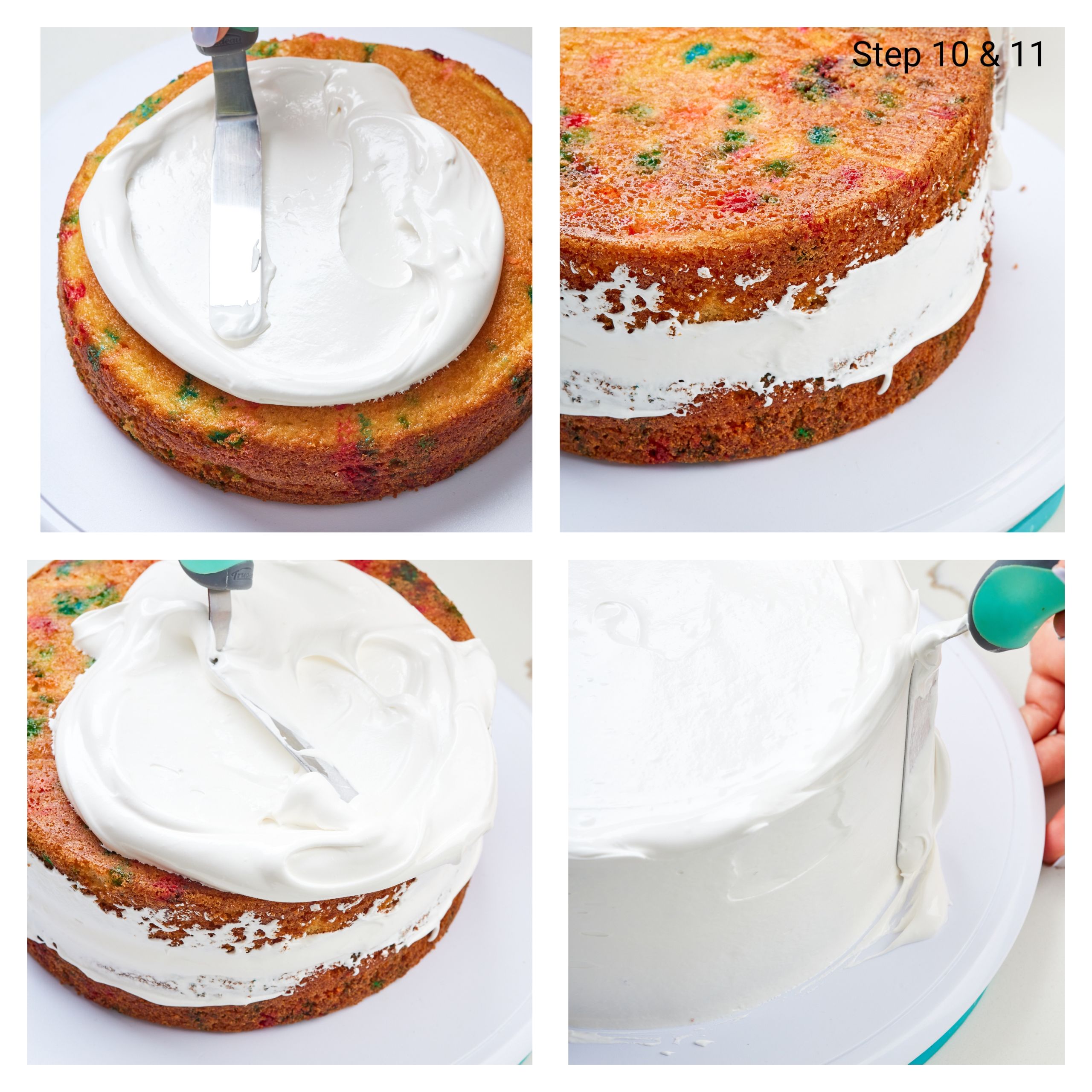 Assemble the cake: Place the first layer on a serving plate and trim the top if it is domed. Spread about ¾ cup of frosting evenly over the top. Trim the dome off the top of the second layer, then place upside down on top of the first later. Cover the whole cake with a very thin coat of frosting to seal in the crumbs and refrigerate for 10 minutes. Decorate the crumb-coated cake with the remaining frosting. 