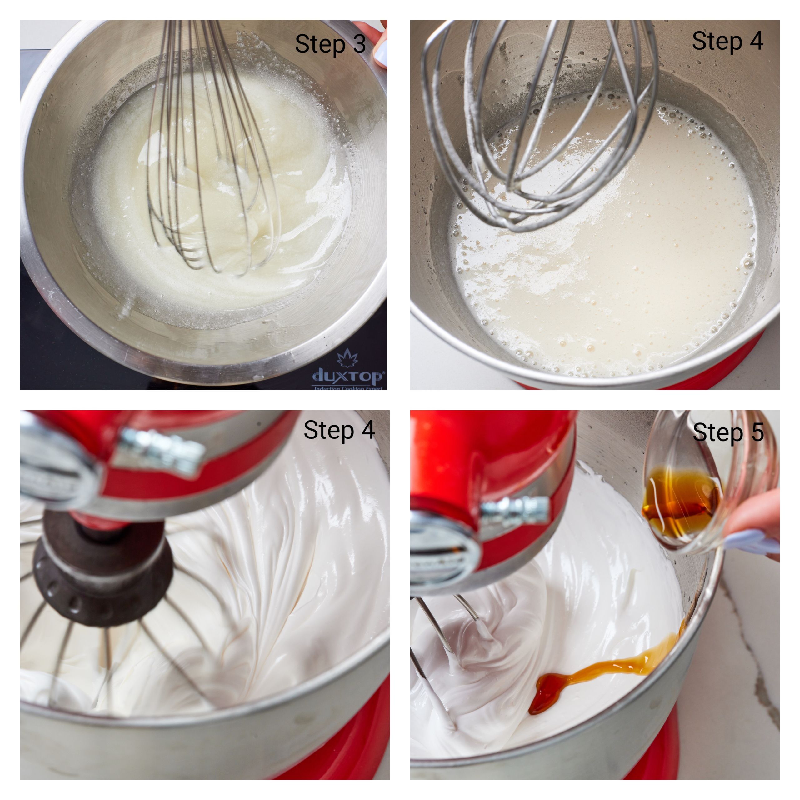 Step-by-step instructions on how to make meringue-like Seven Minute Frosting: Heat and then transfer the egg whites mixture to the bowl of a stand mixer fitted with a whisk attachment (or use a large bowl and a handheld electric mixer) and whip on high for about 7 minutes until stiff, glossy, and cooled. Add in the vanilla extract and whisk for one more minute to combine.