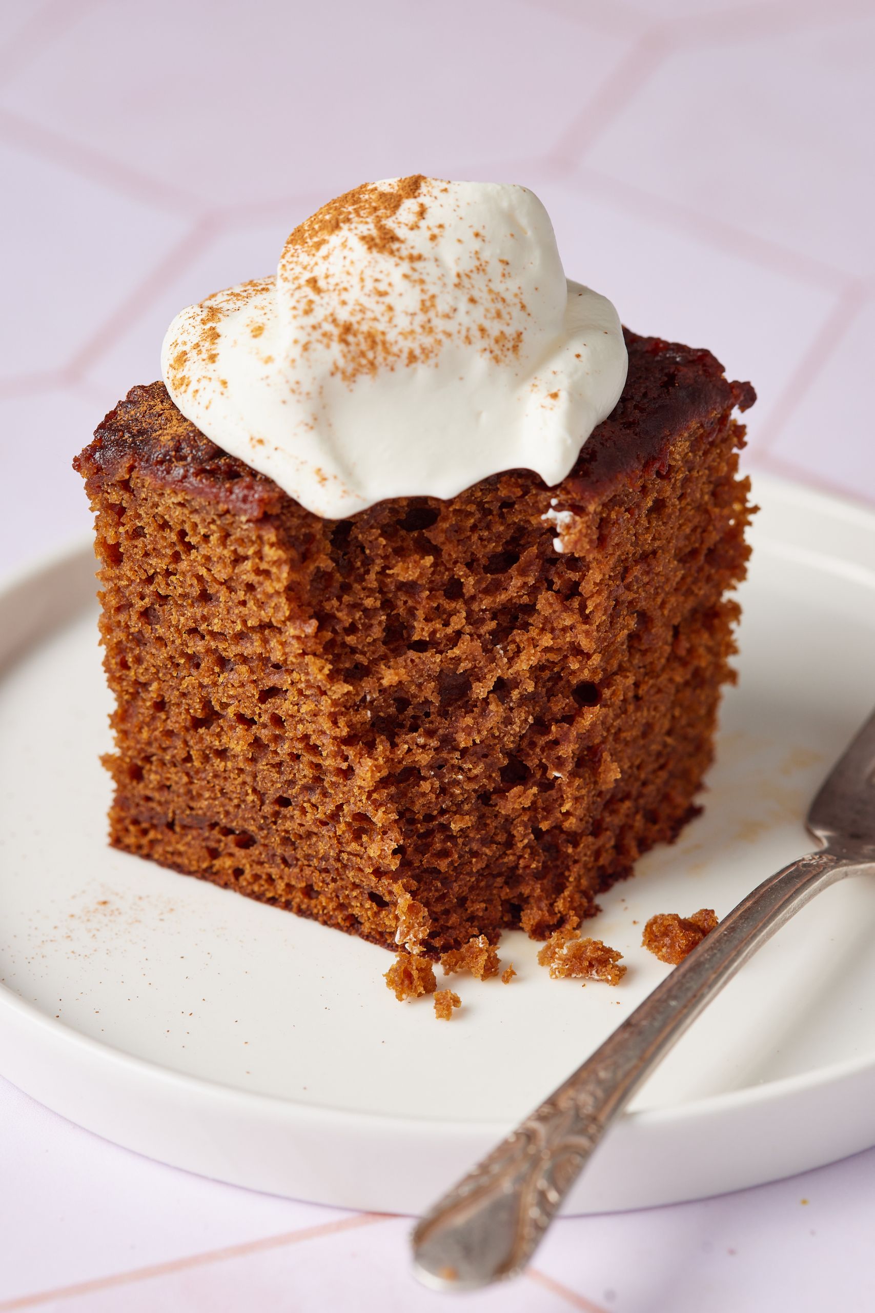 A close-up shot at a slice of Molasses Cake topped with softly whipped cream, showing its moist and fluffy texture. 