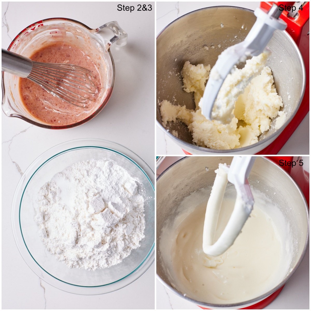 Step-by-step instructions on how to make Fresh Strawberry Cake: mix dry ingredients and wet ingredients separately. Cream butter and sugar until light and fluffy. whisk in egg whites until blended. Scrape down the sides of the bowl once or twice to ensure even blending.