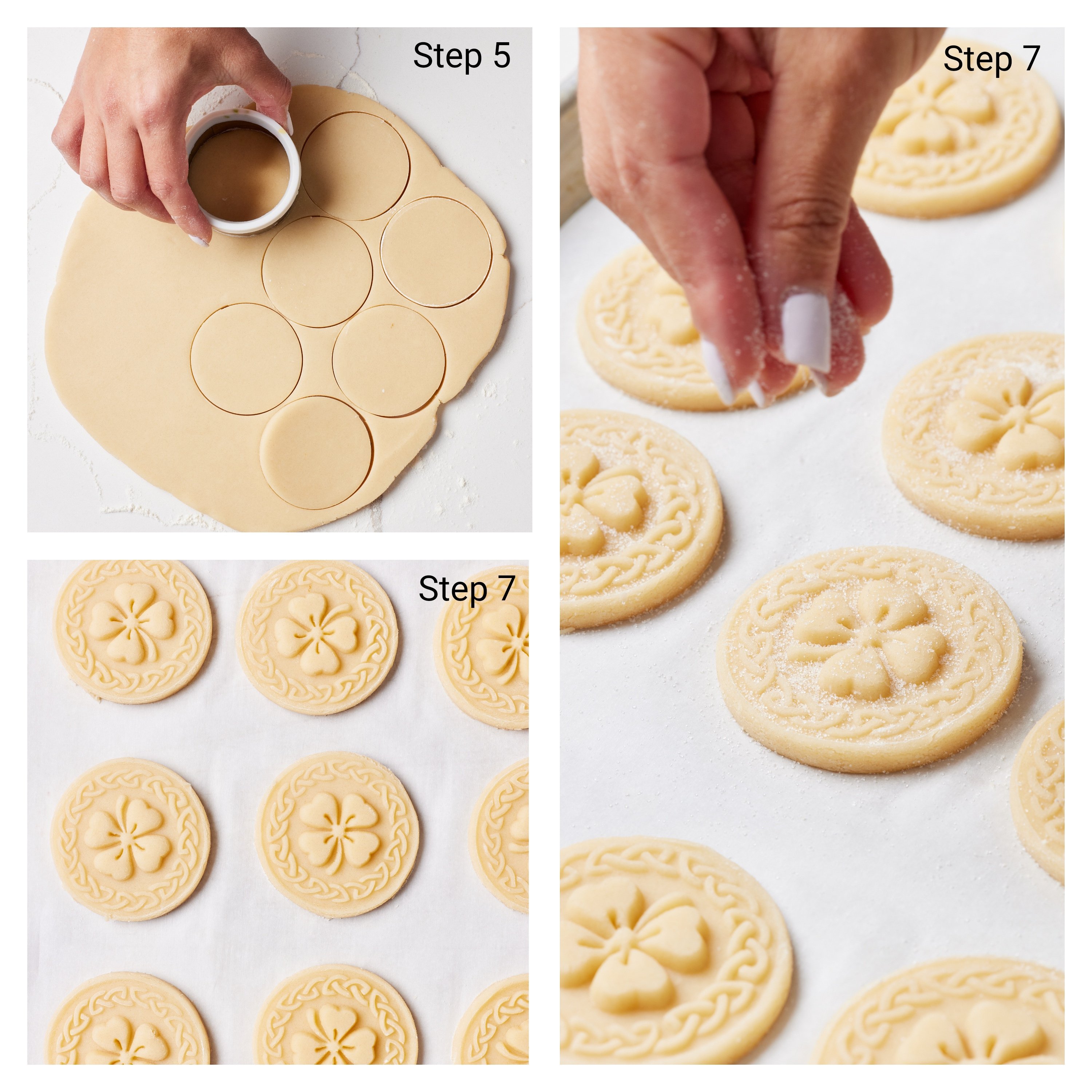 5 Ingredient Irish Shortbread collage1 Roll the chilled dough to ¼ inch thick. using a 3-inch round cutter, cut out cookies. Re-roll the scraps of dough. Stamp cookies: Place the cookies on the baking tray. Stamp each cookie (if using) and sprinkle with a little sugar.