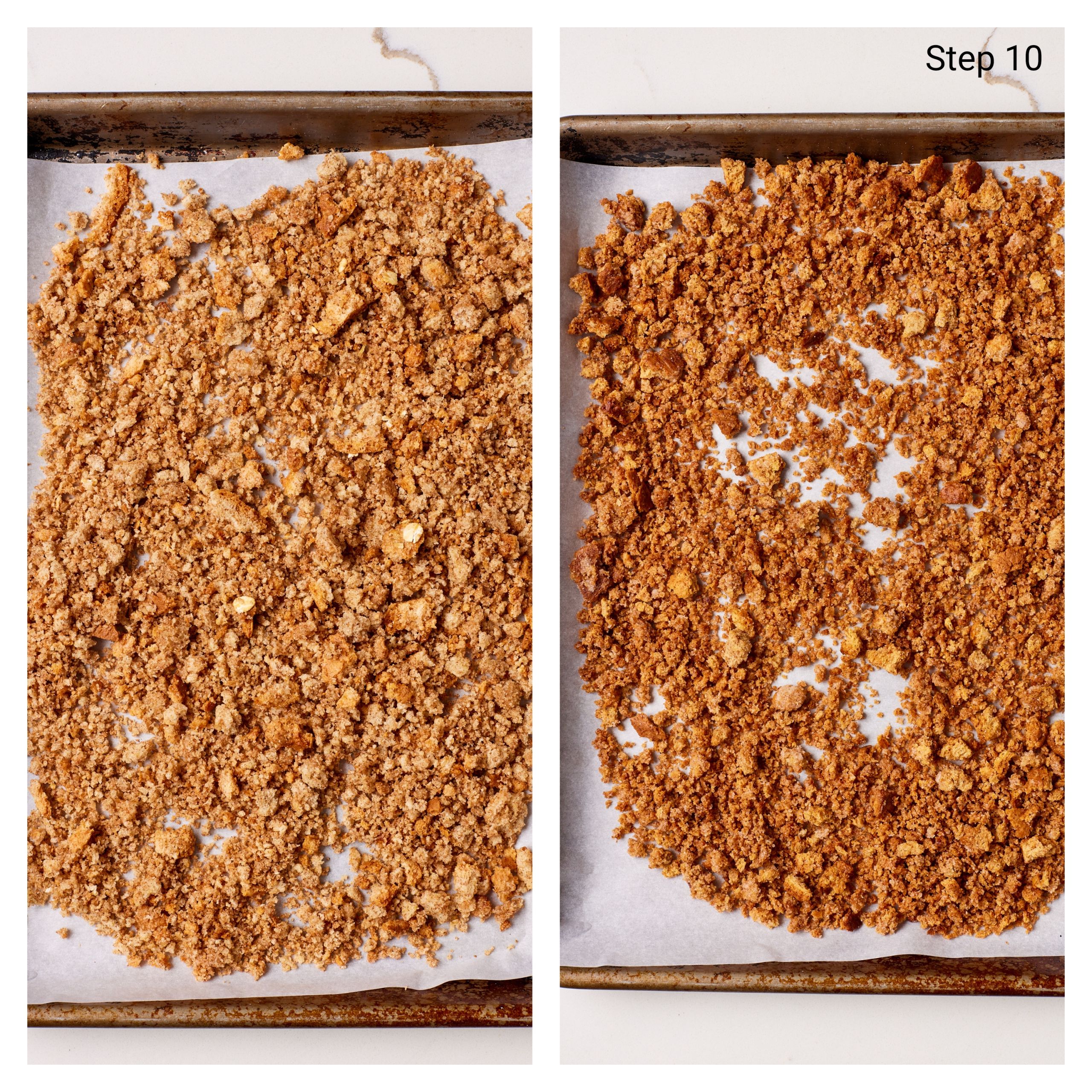 Bake the bread crumb mixture until well-toasted and a dark, brown color.