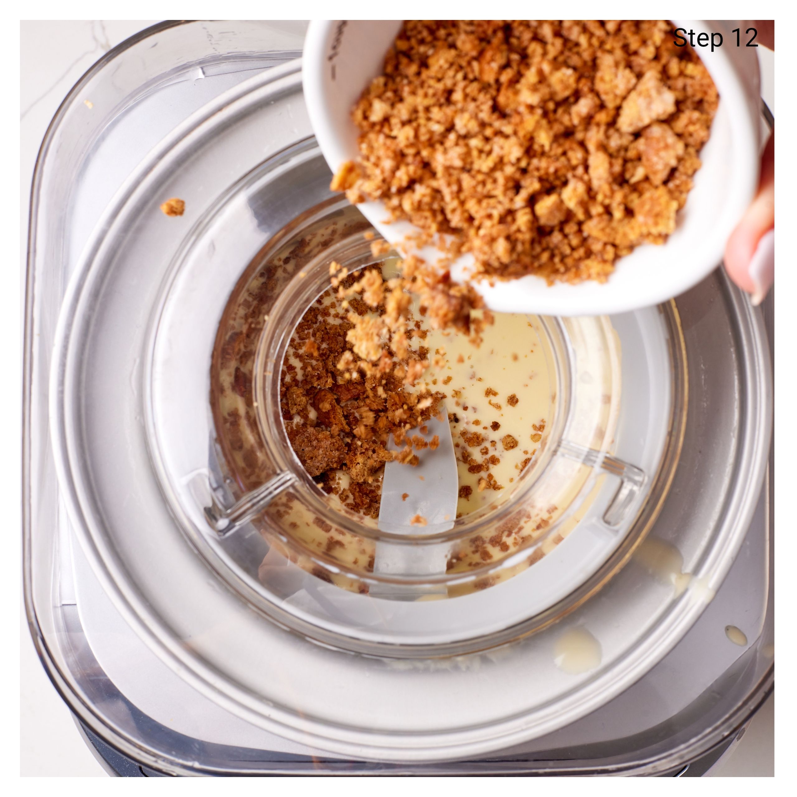 Churn the custard base until soft-serve ice cream consistency, add bread crumb mixture and mix