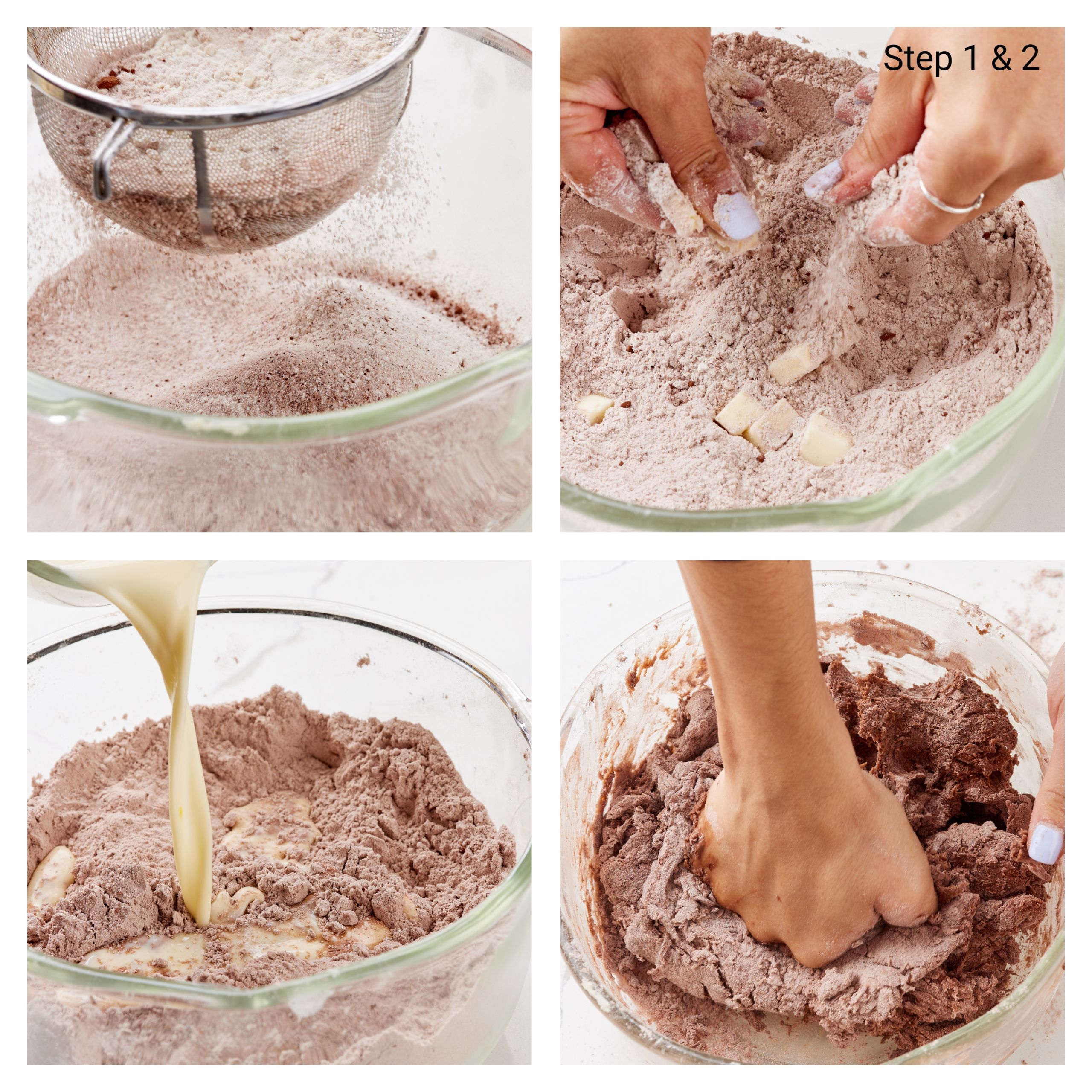 Step-by-step instructions on how to make Chocolate Hot Cross Buns: Sift together dry ingredients: In a large bowl, sieve the flour, cocoa powder, espresso powder and salt. Then rub in the butter using your fingertips until the mixture is the texture of fine breadcrumbs. Stir in the sugar and yeast. Mix wet ingredients: In a medium jug, beat the warm milk and egg together, then pour into the flour mixture. Stir together to form a soft, pliable dough.