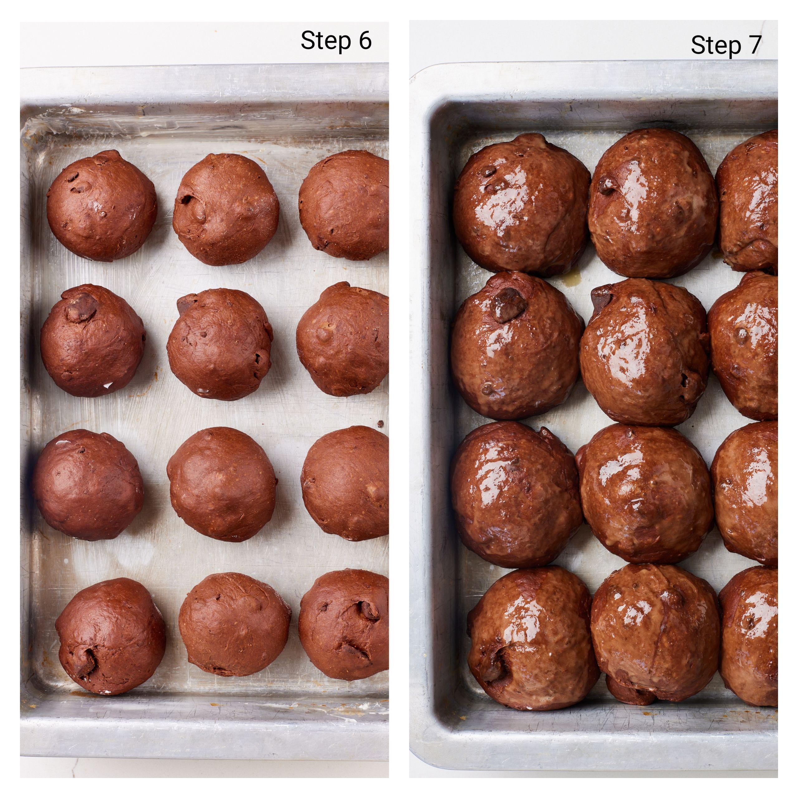 Final proof the Chocolate Hot Cross Buns: Arrange the buns in the pan in four rows of three. proof until the rolls have doubled and come together.
