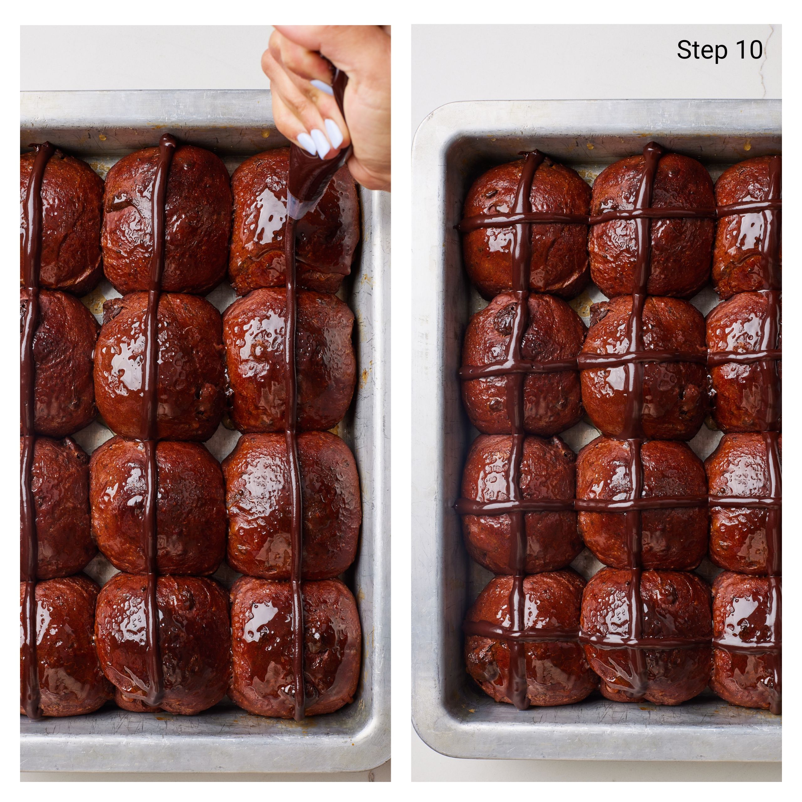 Decorate Chocolate Hot Cross Buns: Scoop into a piping bag fitted with a small tip and carefully pipe a cross on each bun.