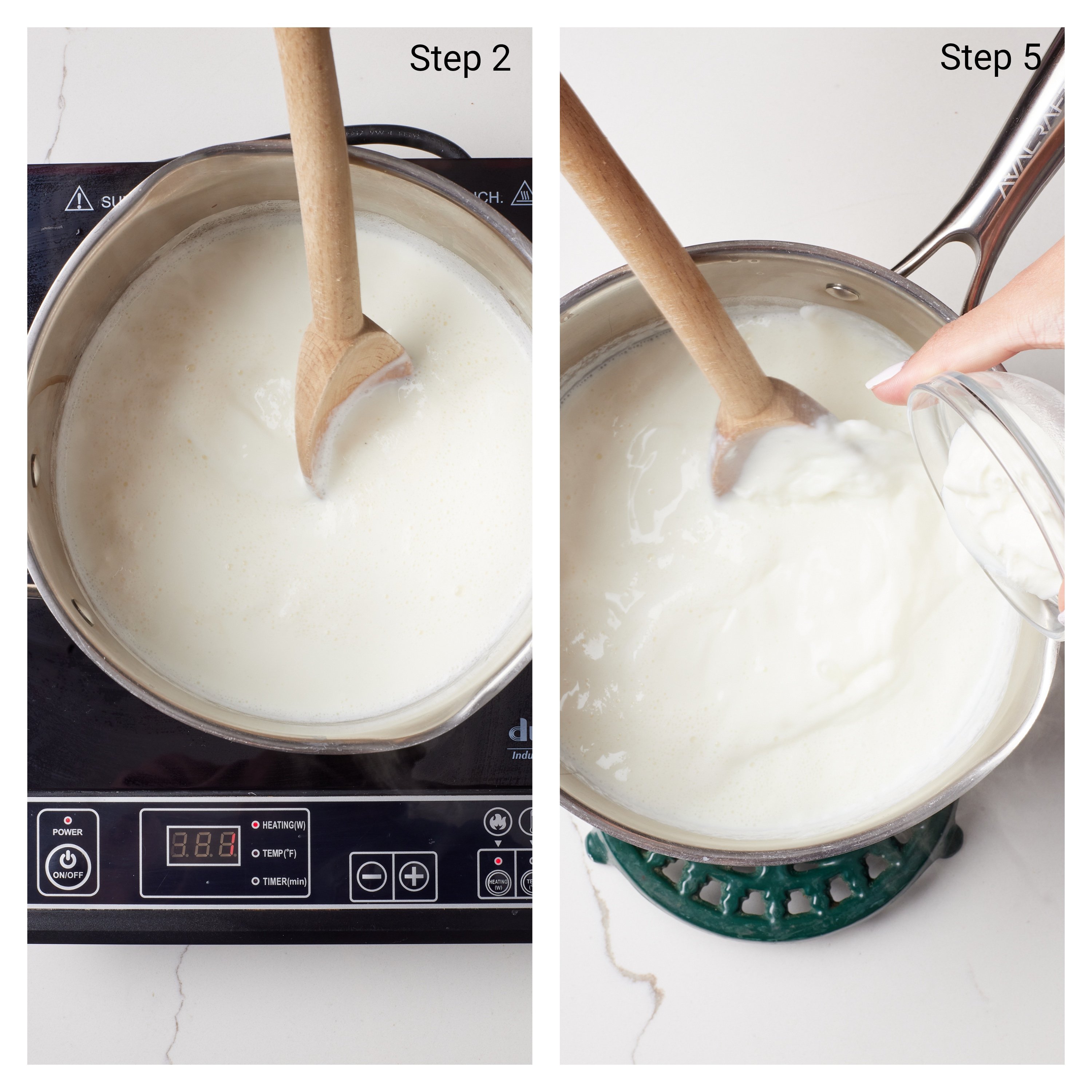 Greek Yogurt collage1 Step-by-step instructions on how to make Greek Yogurt: simmer milk at a low heat and stir gently for 5 minutes. In a small bowl, whisk the plain yogurt with a few tablespoons of the warm milk to loosen it, then stir the yogurt into the milk.