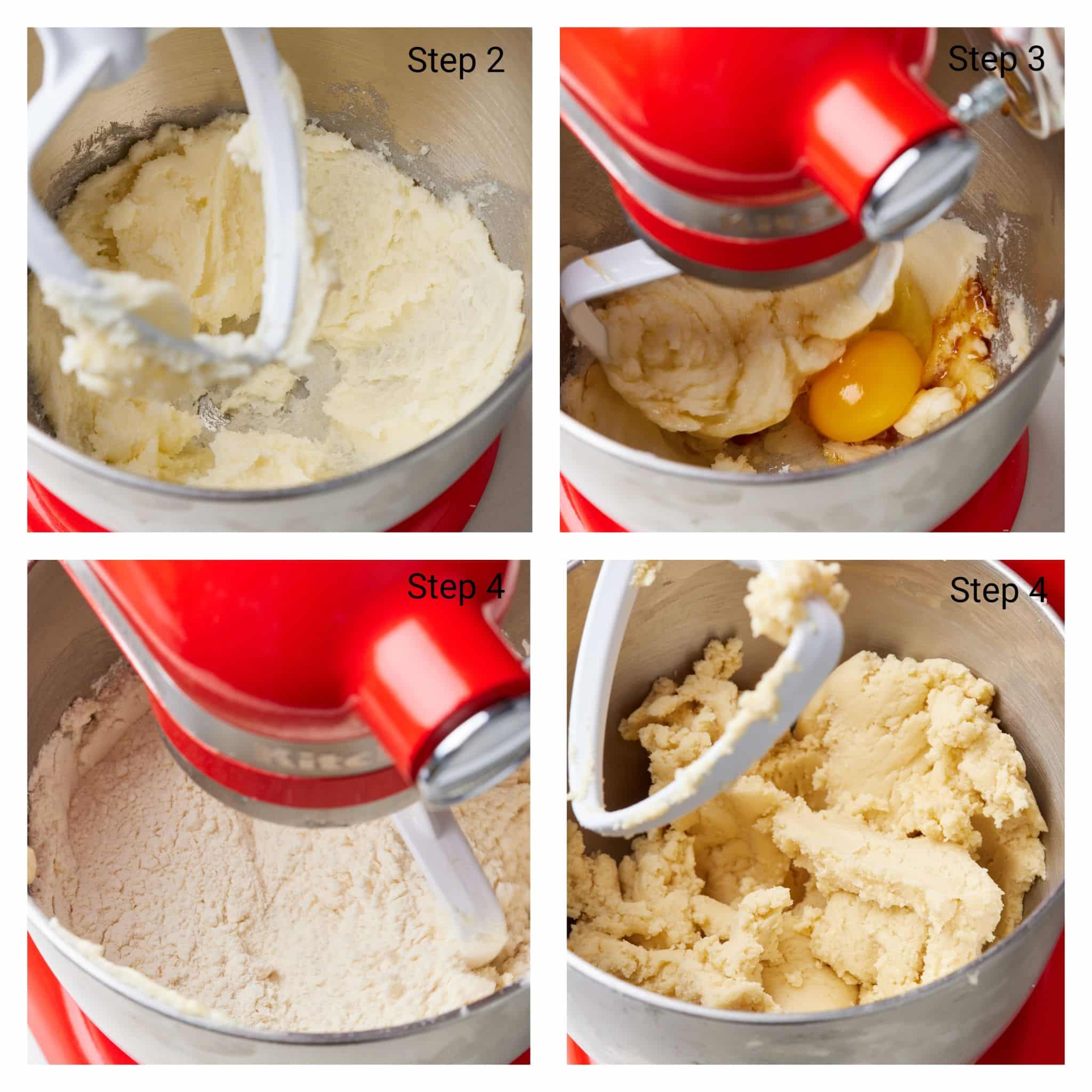 Step-by-step instructions on how to make July 4th Fruit Pizza: cream butter and sugar until light and fluffy, add in egg and vanilla until combined. Lastly mix in the dry ingredients until the dough comes together.