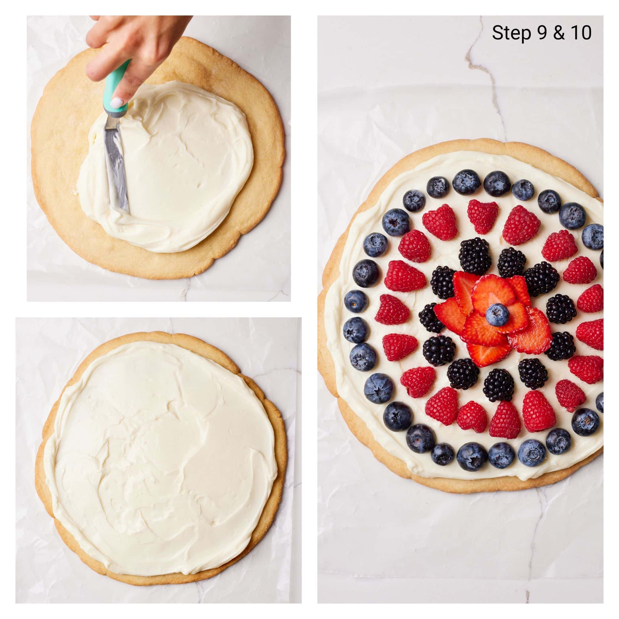 Spread the topping and arrange the fruits. 