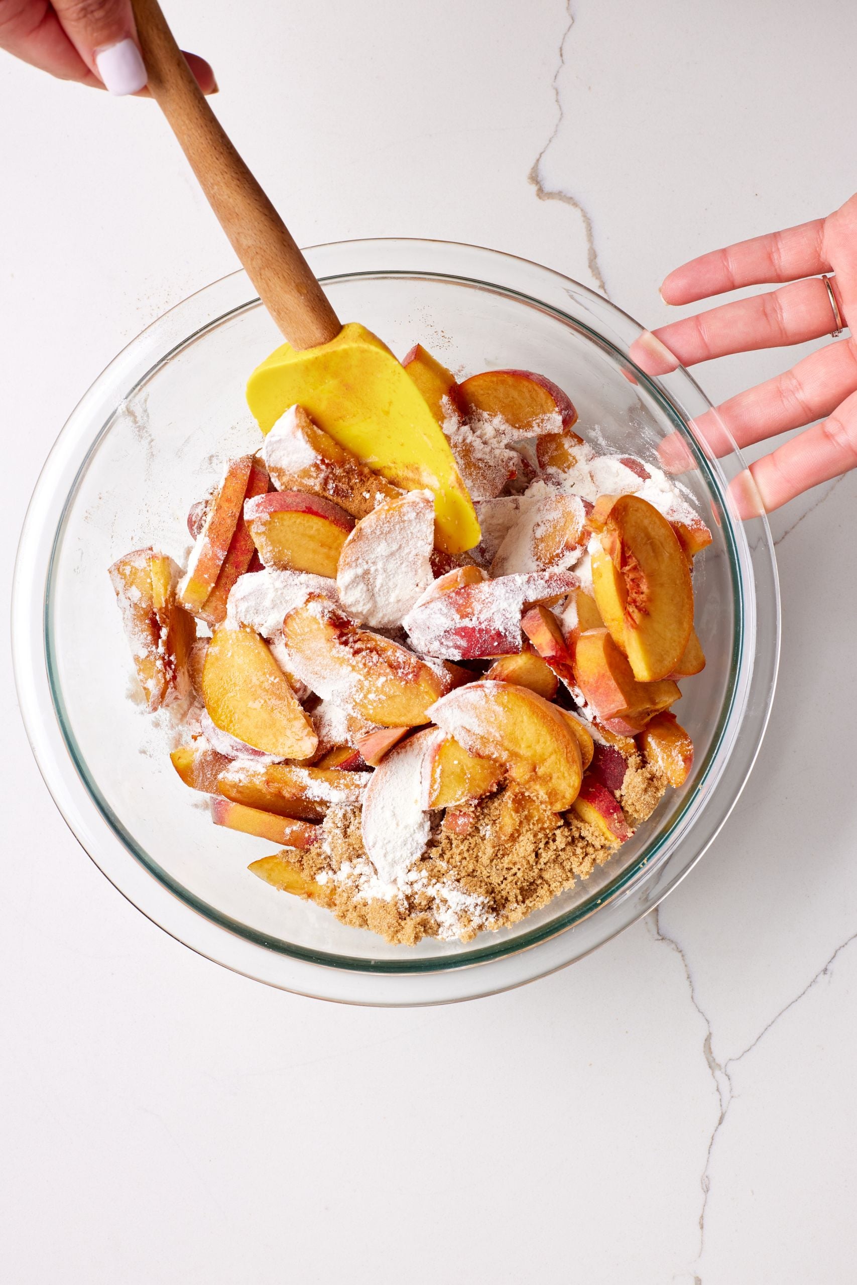Step-by-step instructions on how to make Easy Peach Tart: mix the filling in a large bowl.