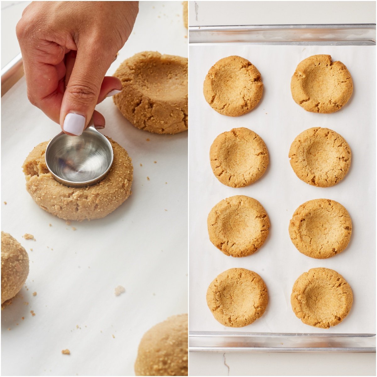 Shape the dough balls: use a spoon to make an indent and bake for 10 minutes. 