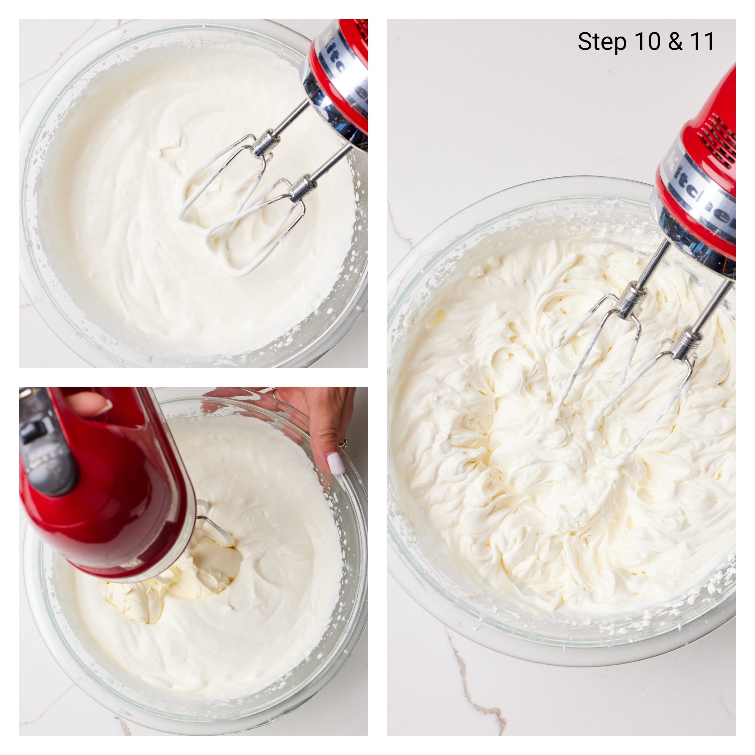 Step-by-step instructions on making mascarpone whipped cream: whip the cream on medium-high speed to soft peaks. Add in a mascarpone cheese and whip on medium-low speed for about 2 minutes, to medium-stiff peaks.