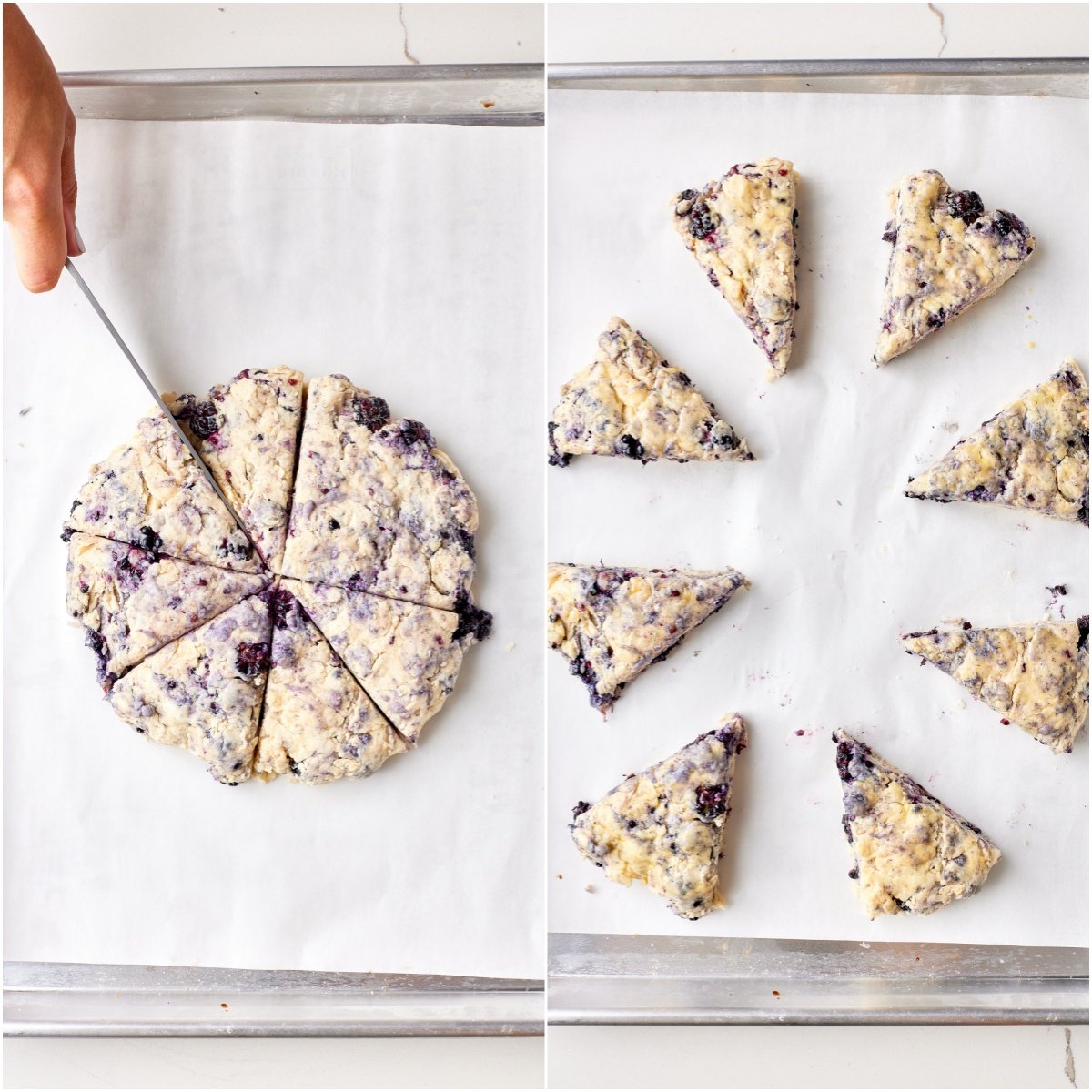Cut scones: Cut the circle into 8 wedges and push apart so they have room to expand.
