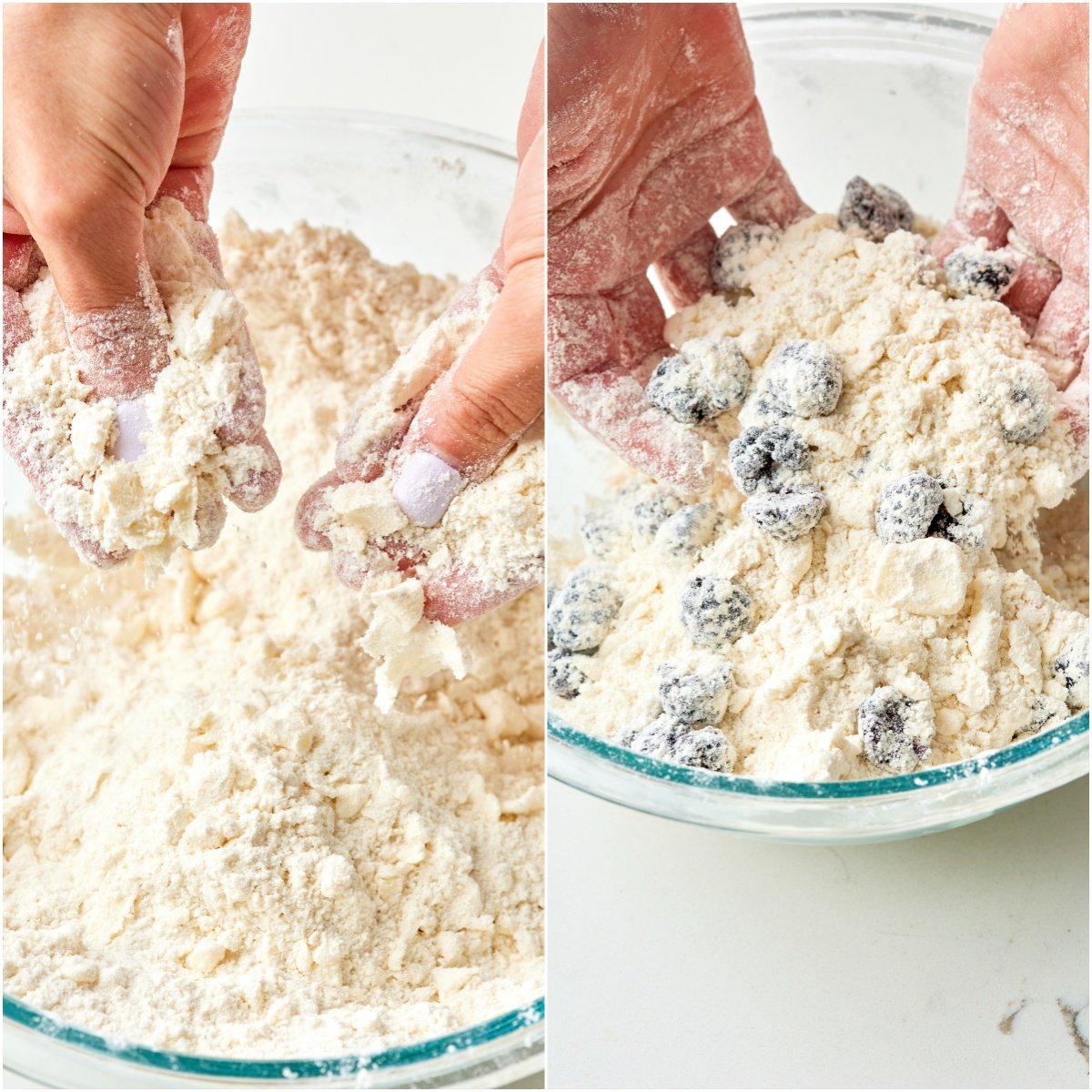 Rub in butter and add berries: Rub the butter into the flour mixture with a pastry blender or your fingers until the mixture resembles coarse breadcrumbs. Toss in the blackberries.