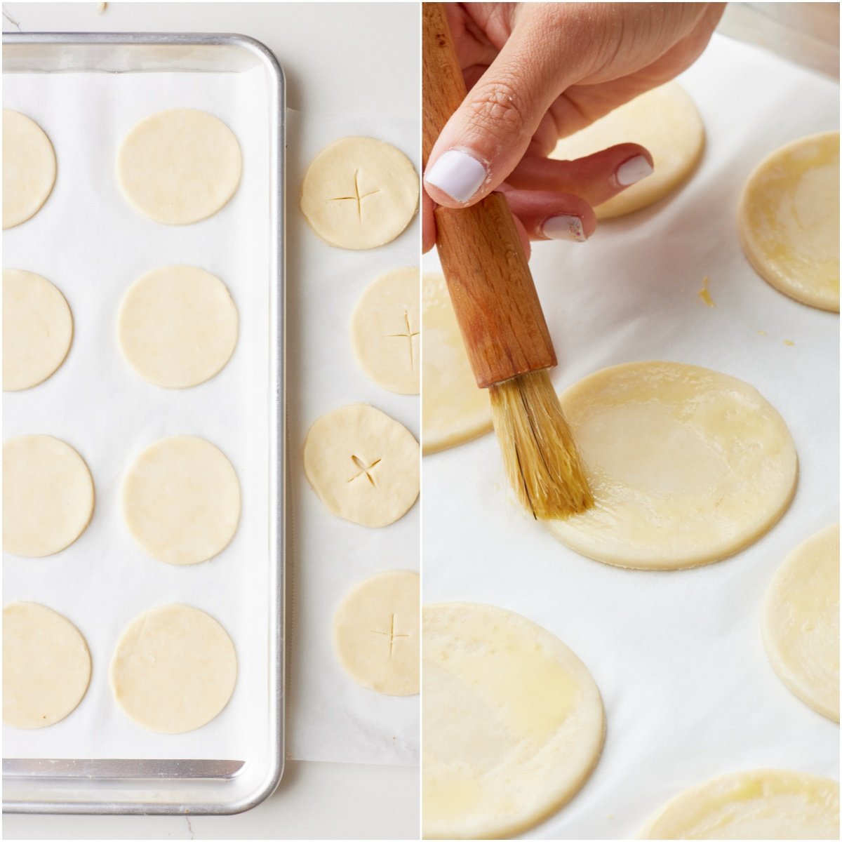 Place cut-out pie crust rounds on the baking tray and brush with egg wash.