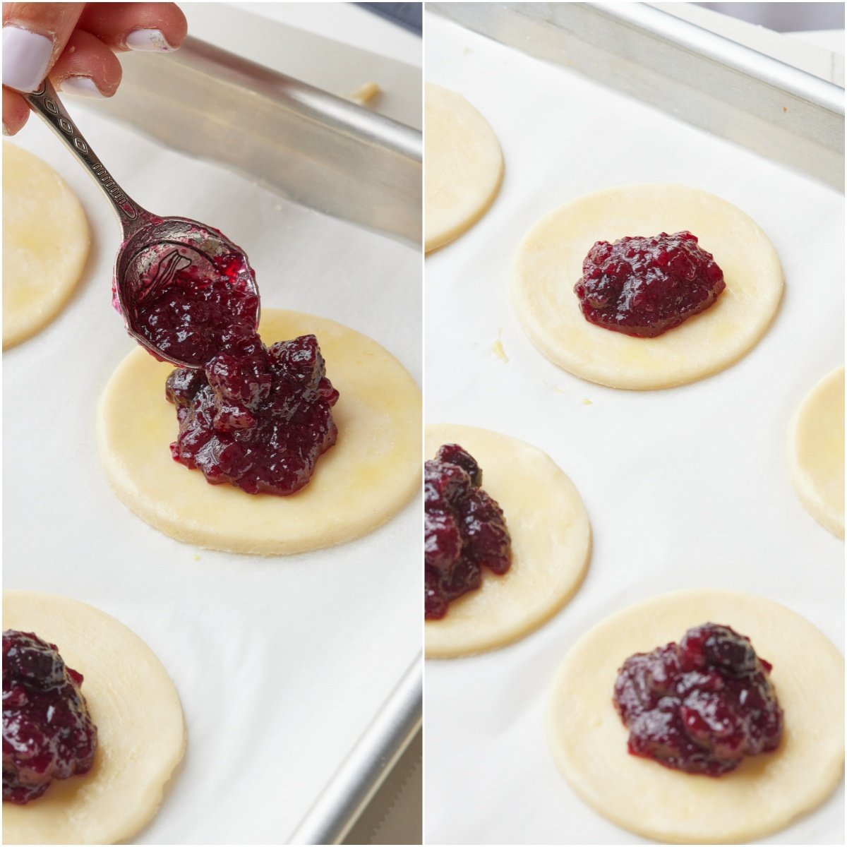 Add pie filling onto the center of each round