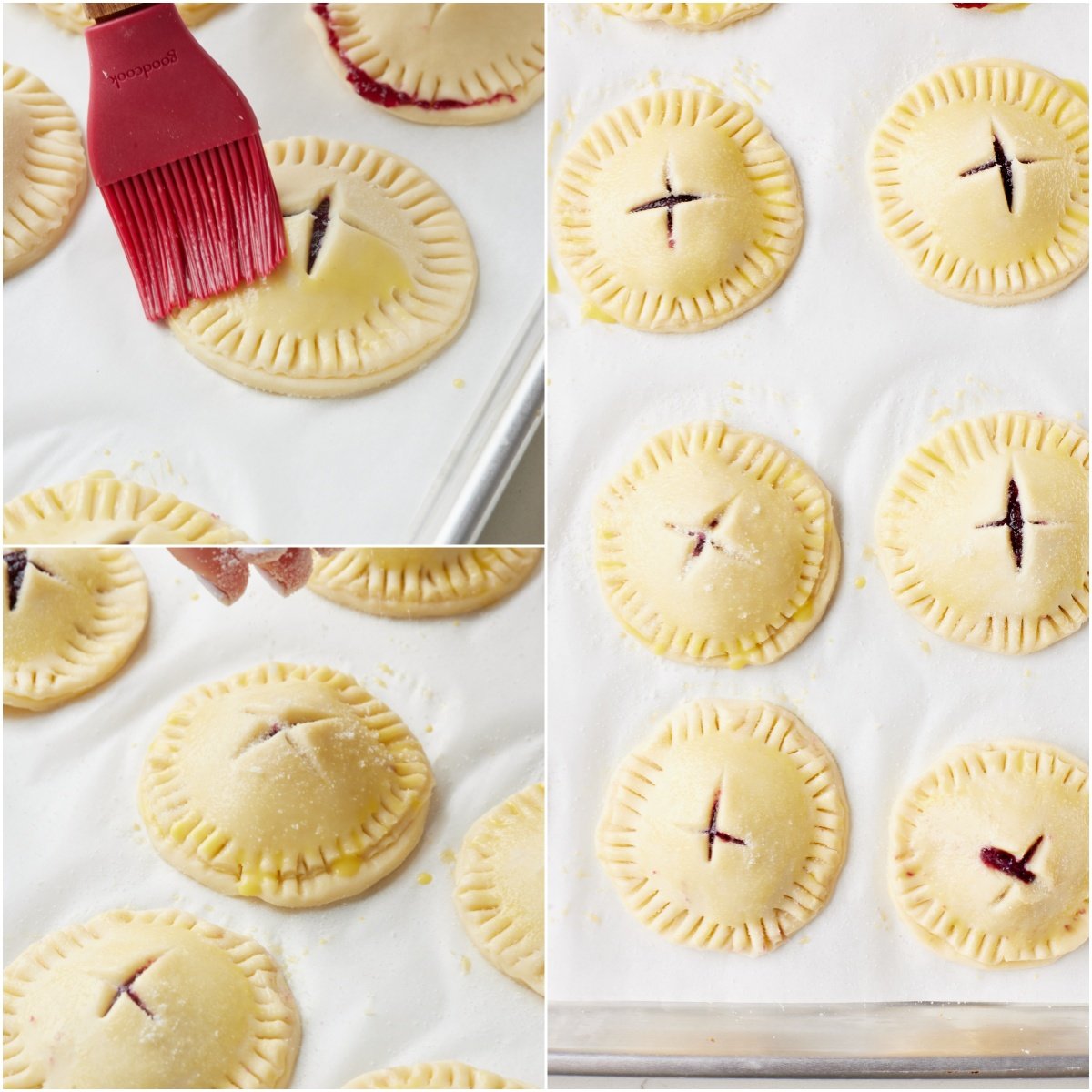 Brush the cookies with egg wash, then sprinkle on granulated sugar, if using.