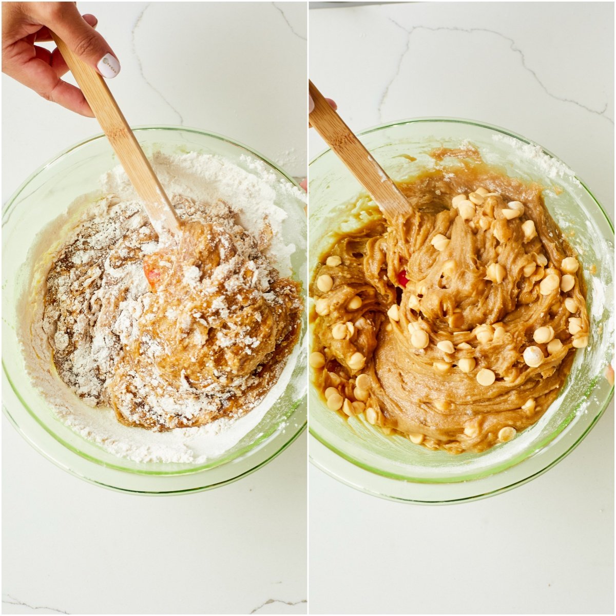 Combine wet and dry ingredients for the butterscotch brownies blondie part and fold in butterscotch chips. 